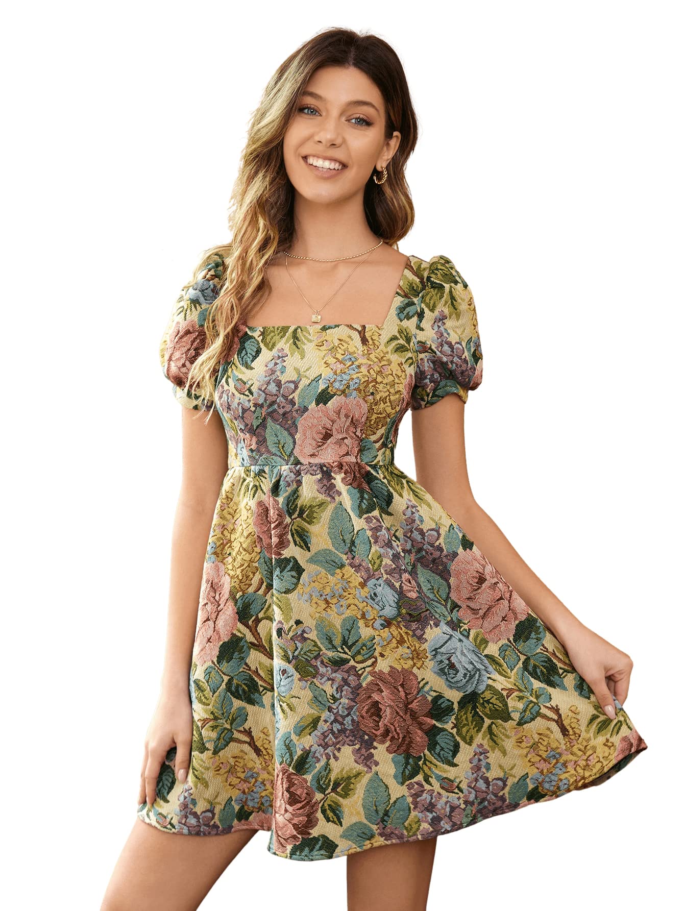 SweatyRocks Women's Floral Print Square Neck Puff Sleeve A-Line Mini Dress - Elegant Summer Casual Dress for Party, Wedding, Date Night & Vacation