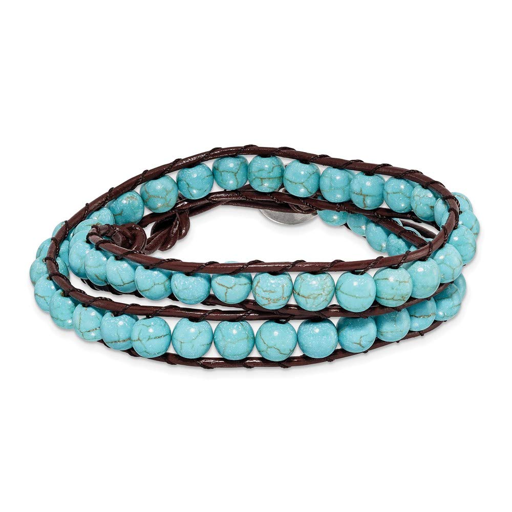 6mm Dyed Turquoise Leather Cord Multi-Wrap Bracelet - Handmade Fine Jewelry for Women, Adjustable 14
