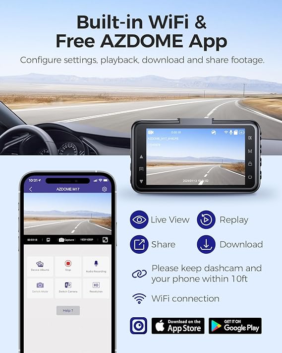 AZDOME M17 1080P WiFi Dash Camera with ADAS, 3-Inch Screen & 24H Parking Mode - Front Car Camera for Night Vision, Accident Recording, and Security Surveillance