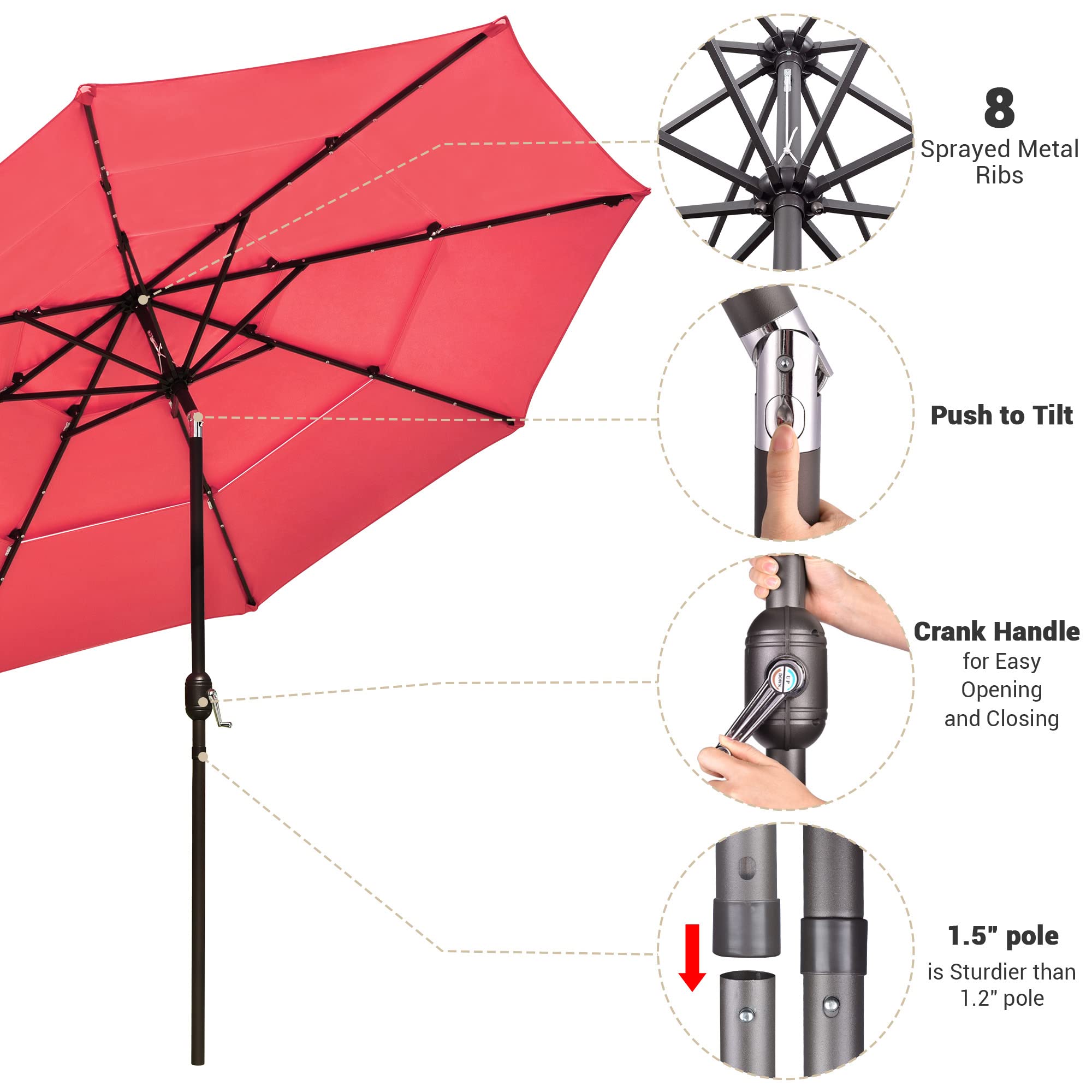 Yescom 10FT 3-Tier Solar LED Patio Umbrella with Crank & Tilt - Aluminum Frame for Outdoor Deck, Backyard, Pool Party & Night Events (Red) | Perfect for Lounging, Dining, and Entertaining Guests in Your Garden or Patio