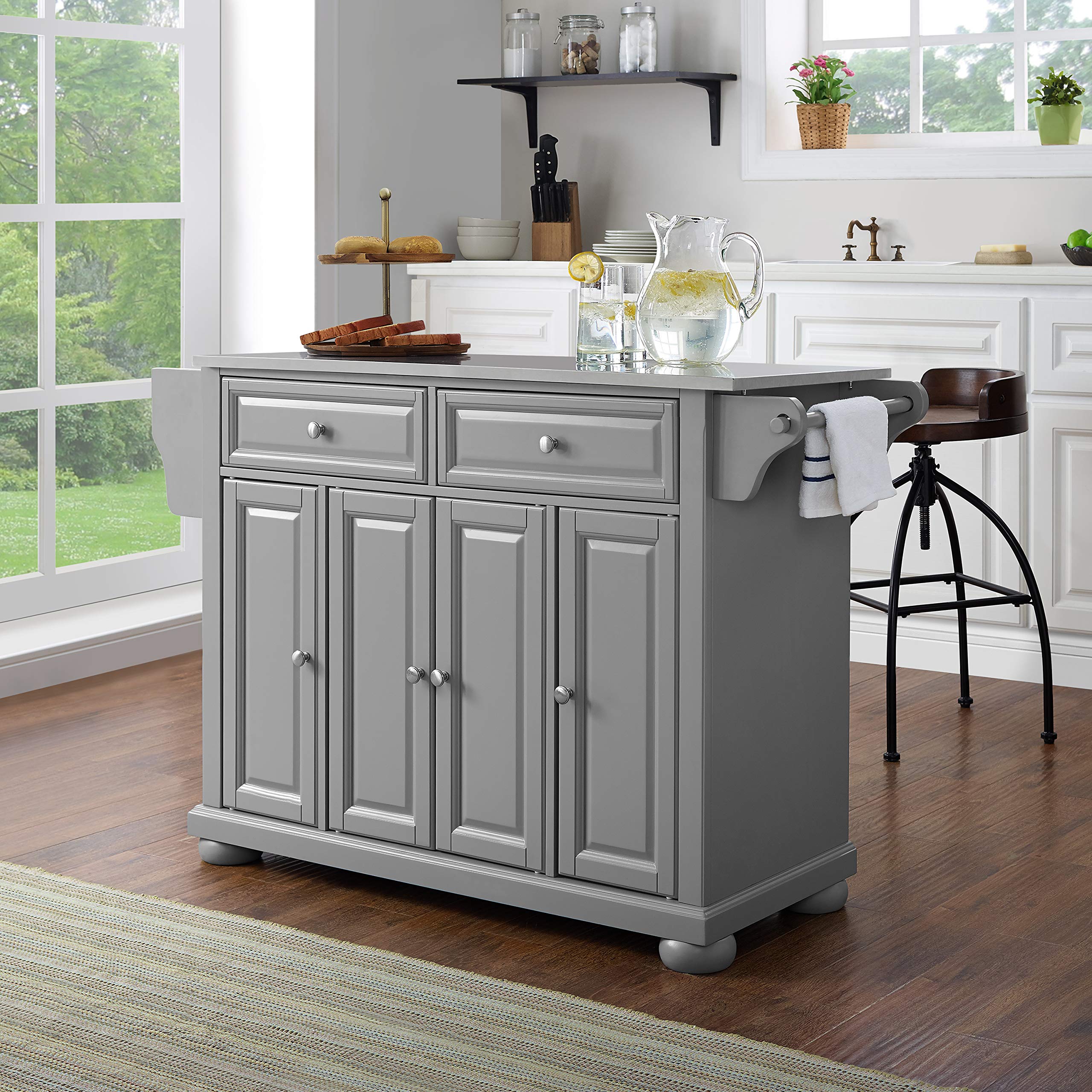 Crosley Alexandria Stainless Steel Rolling Kitchen Island Cart with Storage - Microwave Stand, Gray | Mobile Prep Station for Small Kitchens & Dining Areas