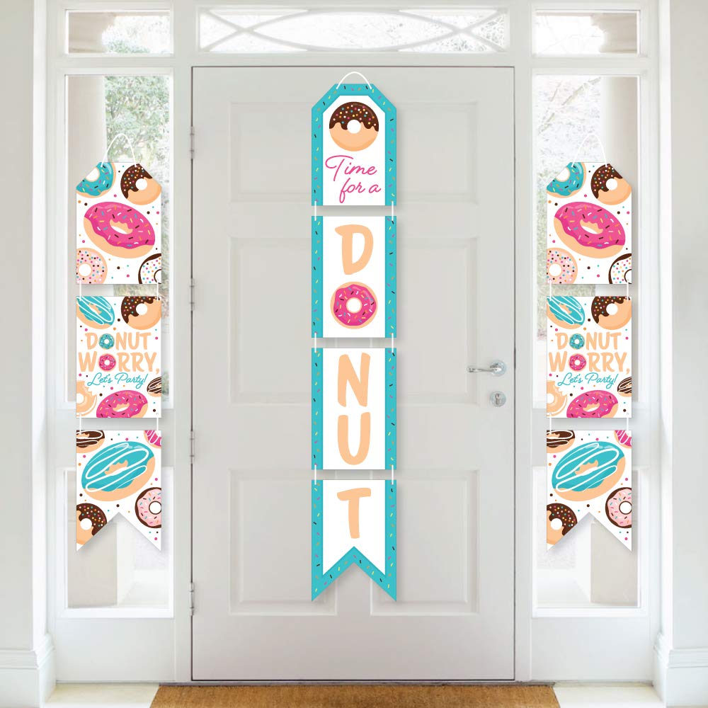 Big Dot of Happiness Donut Worry Let's Party Hanging Vertical Paper Door Banner - Doughnut Themed Wall Decoration Kit for Indoor Parties, Baby Showers & Birthday Celebrations