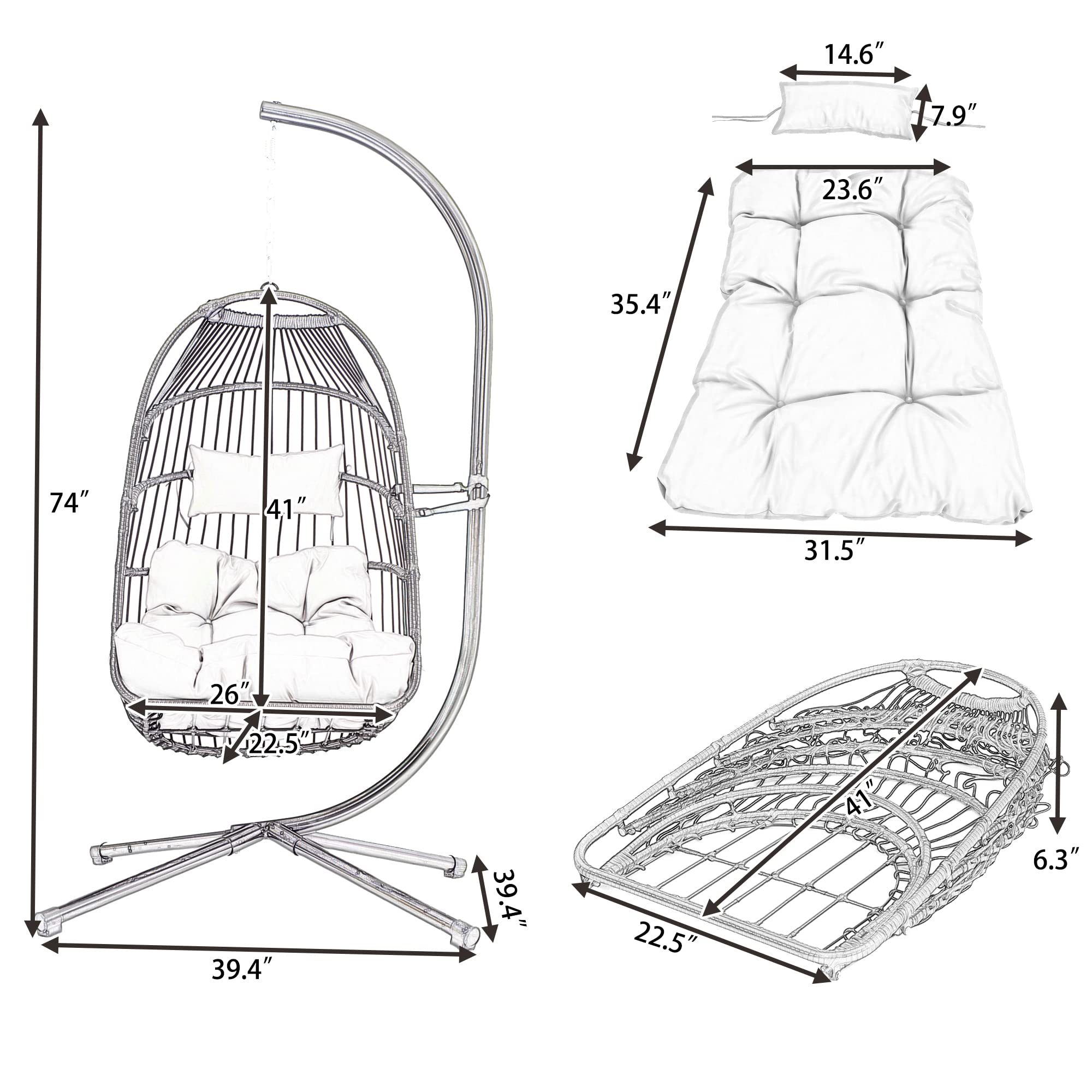 Outdoor Hanging Egg Chair - Foldable PE Rattan Wicker Swing Hammock with Steel Stand & Comfort Cushion for Patio, Balcony, Porch, Bedroom - Perfect for Relaxing, Reading & Lounging (Gray)