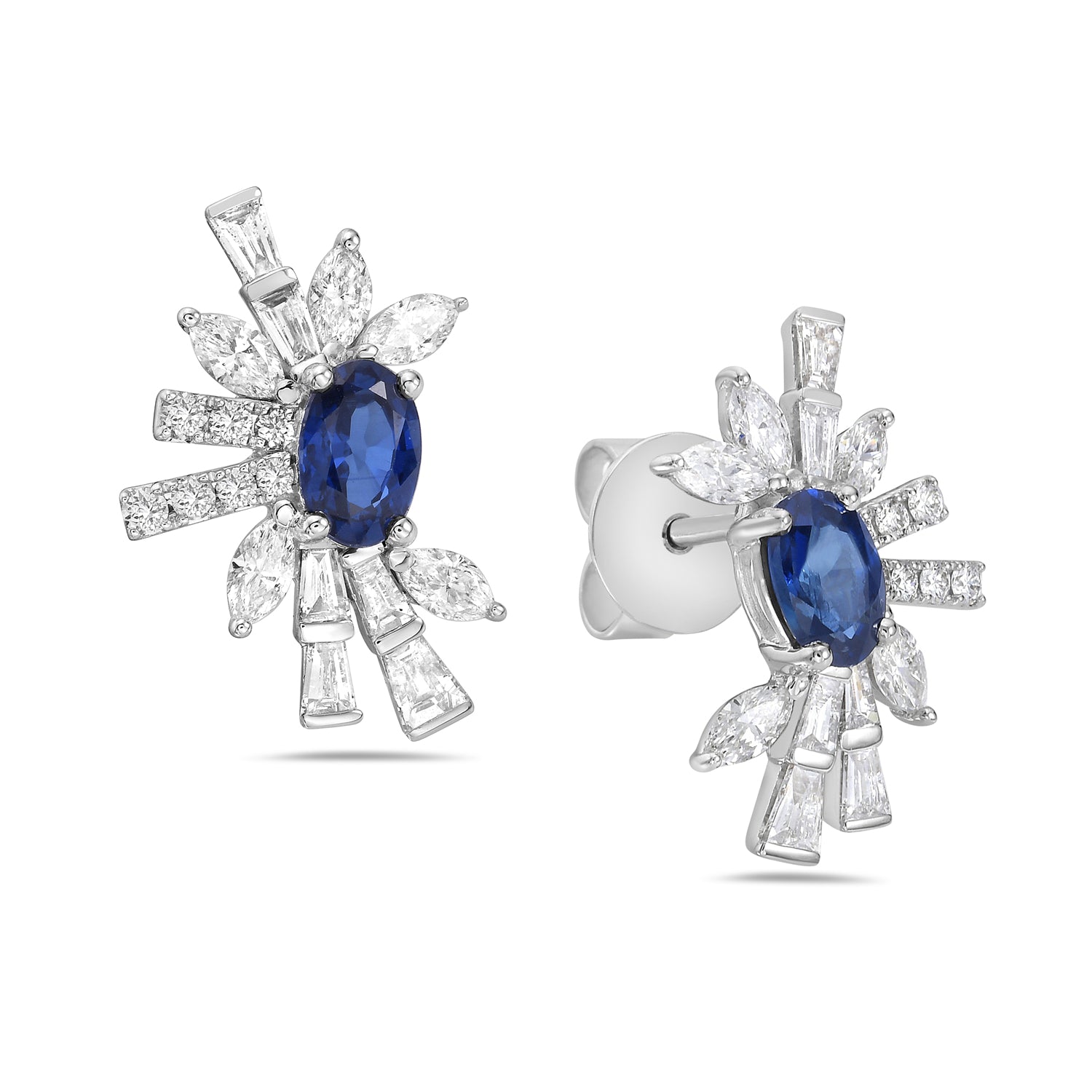 Exquisite 14K Gold Baguette Diamond & Oval Cut Blue Sapphire Stud Earrings for Women | Elegant Jewelry Gift for Wedding, Anniversary & Special Occasions