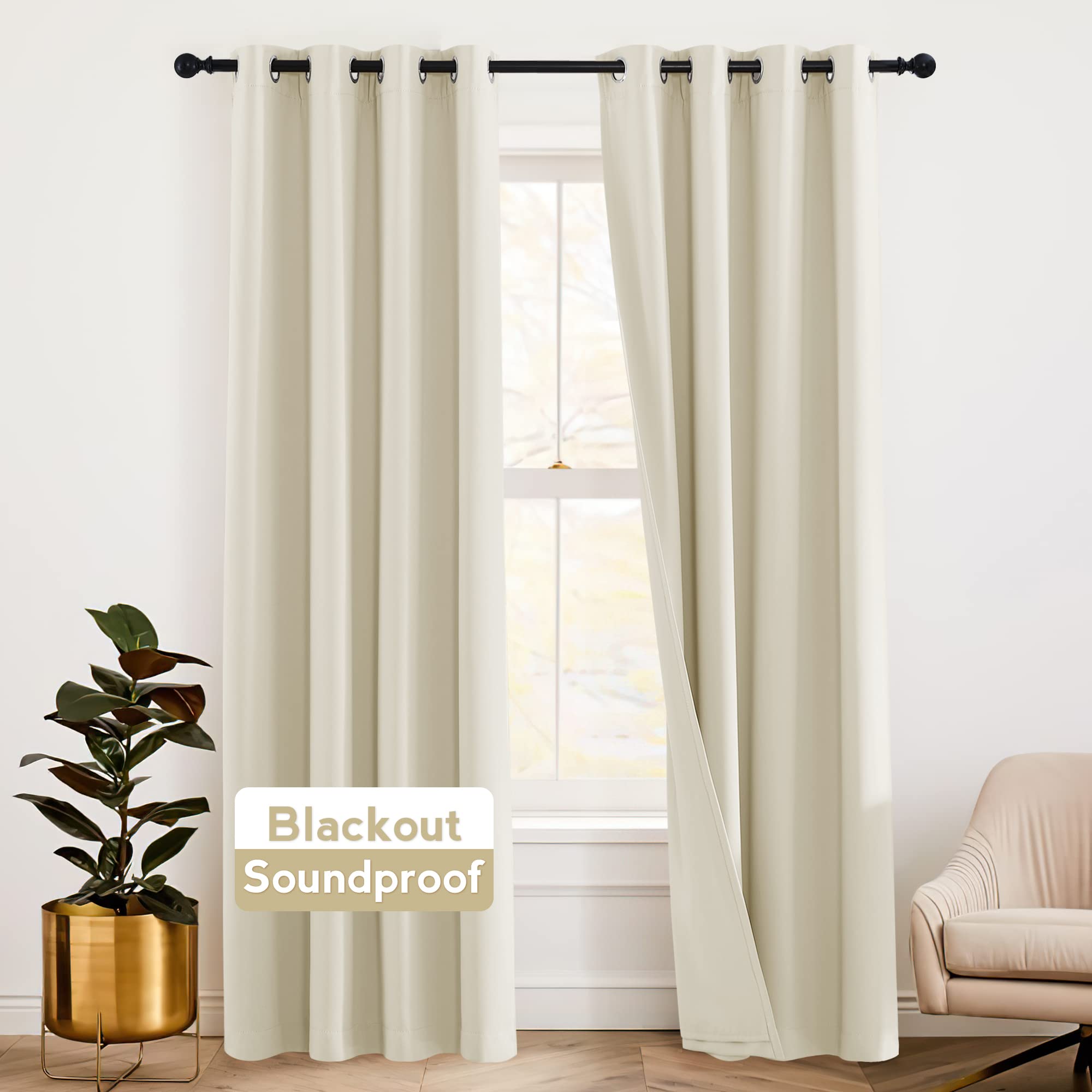 RYB HOME Blackout Soundproof Curtains 108 Inches - Thermal Insulated Energy Saving Grommet Window Panels for Bedroom, Studio & Sliding Glass Doors - 52x108 Inches, Beige (2 Pack) - Perfect for Home Theater, Nursery & Noise Reduction