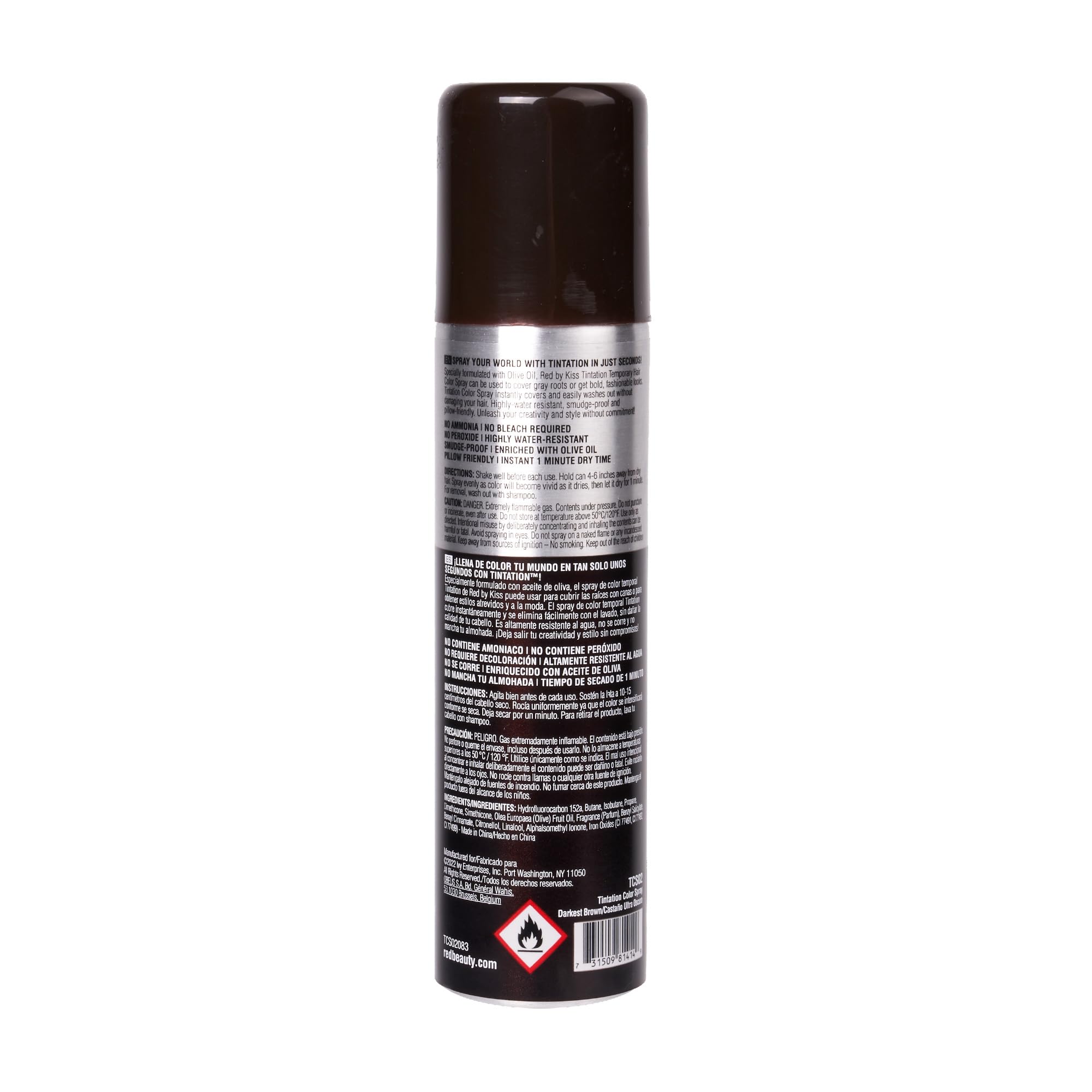 Red by Kiss Tintation Temporary Hair Color Spray - Darkest Brown 2.82oz | Instant Gray Root Touch Up | Water-Resistant & Smudge-Proof | Quick-Dry Formula | Easy Wash Out | Perfect for Barber Styling, Hairline Touch-Ups & Last-Minute Events