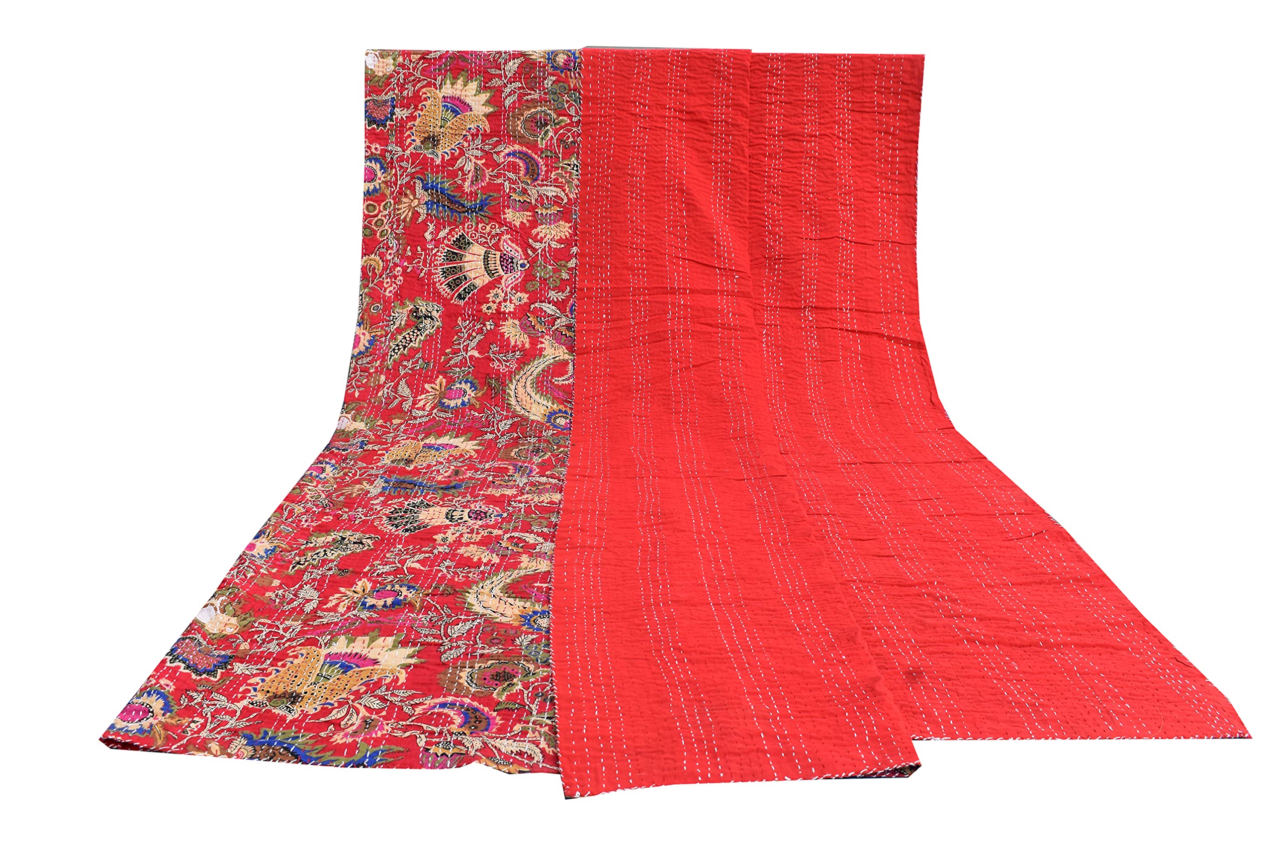 Sophia-Art Handmade Multicolor Mukut Print Kantha Quilt & Blanket - Twin/Queen/King Size Bohemian Bedspread for Bedroom Decor | Perfect for Boho Chic Home, Guest Room & Cozy Throw Blanket