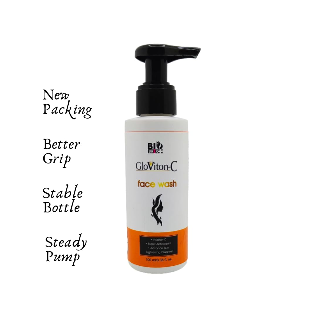 Gloviton-C Vitamin C Face Wash with Kojic Acid, Glycolic Acid & Salicylic Acid - Brightening & Exfoliating Cleanser for Acne, Dark Spots & Uneven Skin Tone - Perfect for Morning & Night Skincare Routine