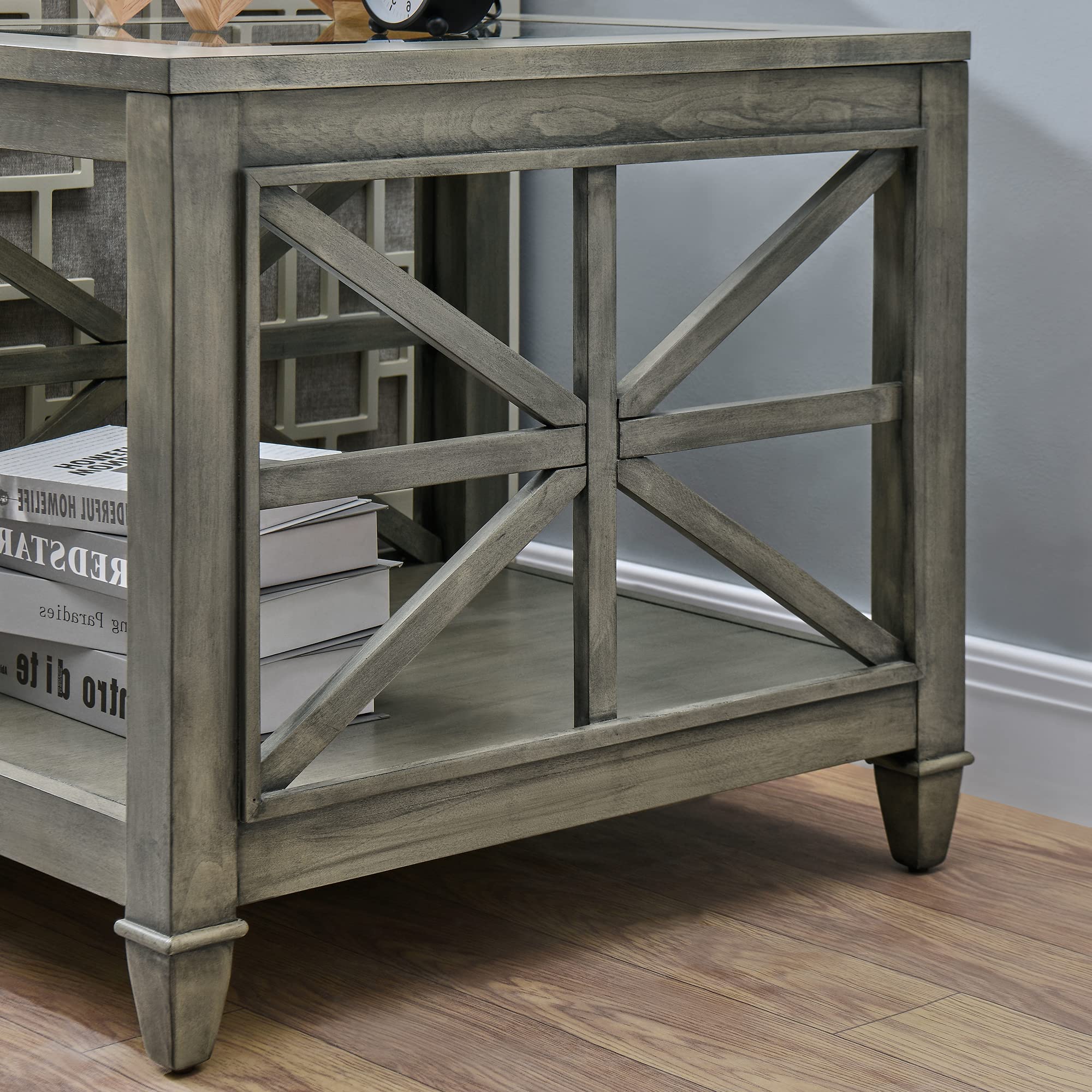 Farmhouse End Table with Storage - Solid Wood Square Side Table for Living Room, Bedroom & Office - Large Coffee Table with Tempered Glass Top in Antique Gray Finish - Perfect for Holding Lamps, Books & Decor