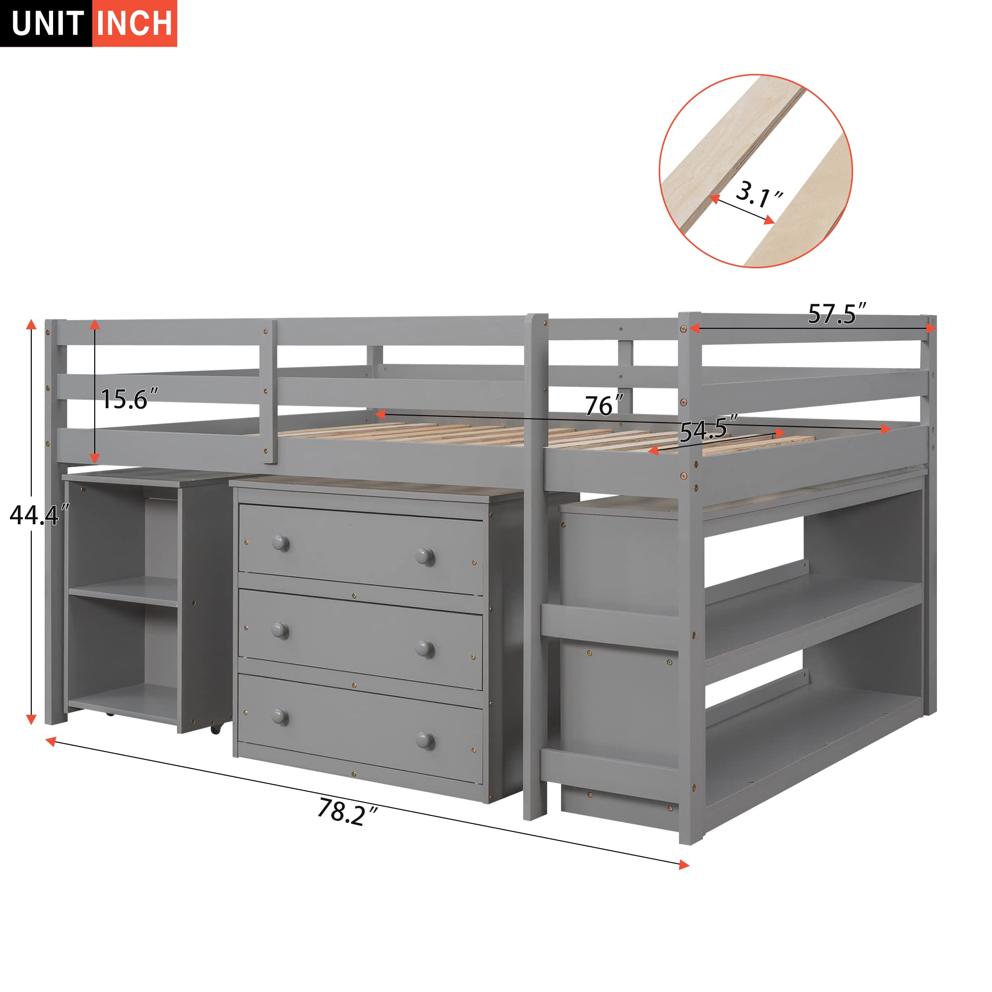 Low Loft Bed Full Size with Desk & Storage - Solid Wood Loft Bed Frame with Cabinet, Shelves & Rolling Desk - Multifunctional Space-Saving Furniture for Kids, Teens & Adults - Perfect for Small Bedrooms, Dorms & Studio Apartments (Gray)