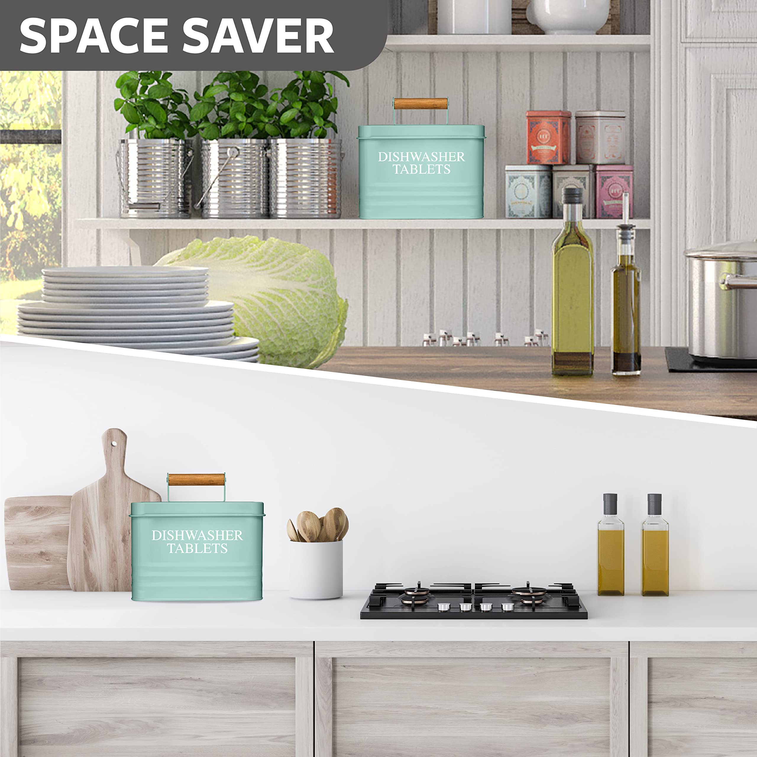Modern Farmhouse Metal Dishwasher Pods Holder with Lid - Rustproof Kitchen Storage Container for Detergent Pods, Kitchen Organization & Decor Accessories (Mint Green) - Perfect for Countertop, Under Sink & Pantry Storage