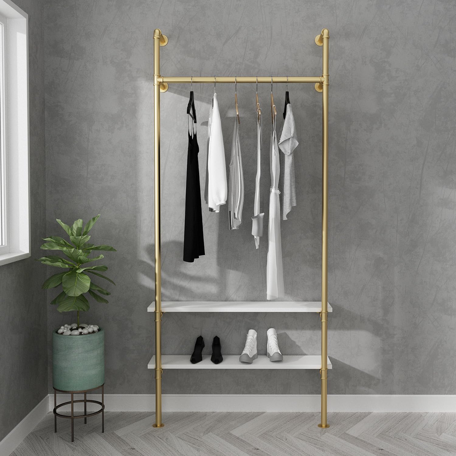 Industrial Pipe Clothing Rack - Heavy Duty Wall Mounted Garment Hanger for Wardrobe, Bedroom & Walk-in Closet - Gold Finish Steel Pipe Clothes Organizer - Perfect for Hanging Coats, Dresses & Seasonal Storage