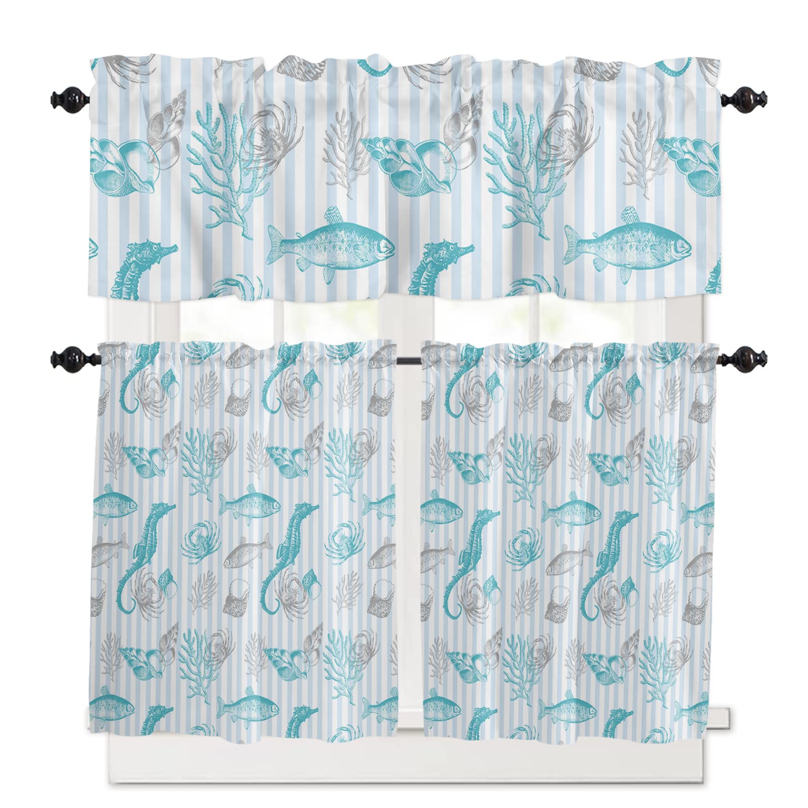 Ocean Creatures Cafe Curtain Set - Seahorse, Fish, Crab, Coral & Shell Design - Short Rod Pocket Tier & Valance for Kitchen, Bedroom, Bathroom - Perfect for Coastal, Beach House & Nautical Decor Themes