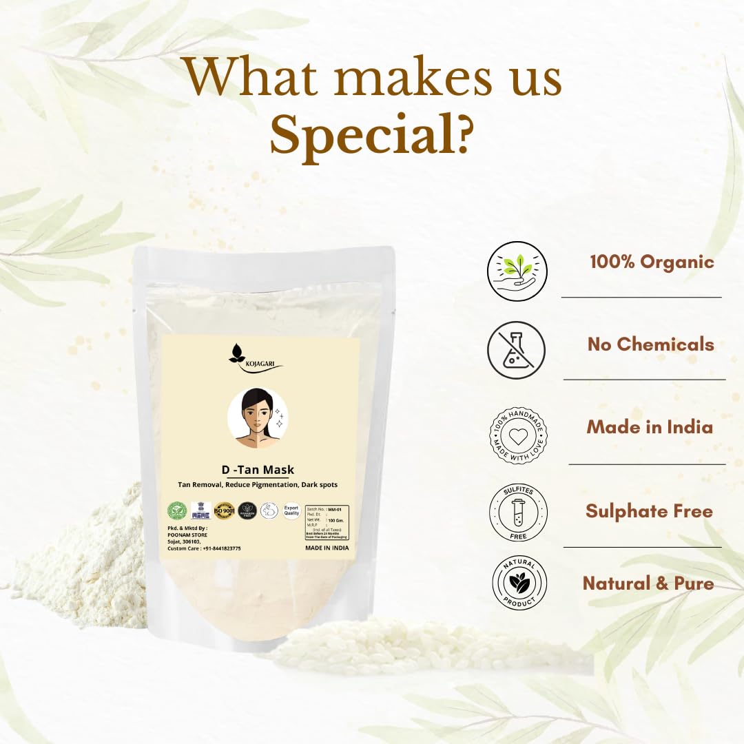 Kojagari D-TAN Face Mask with Rice Clay & Vitamin C Powder - Reduces Acne Scars, Dark Spots, Hyperpigmentation & Tan for Brighter, Glowing Skin (100g) - Perfect for Nighttime Skincare Routine & Post-Sun Exposure Treatment
