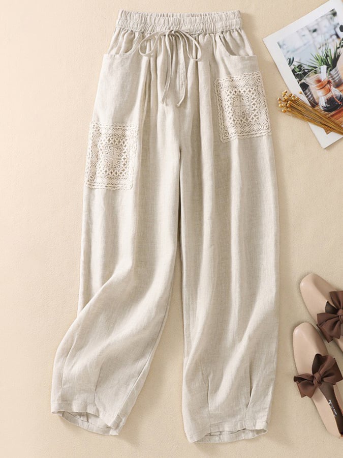 Lovevop Women's Cotton Embroidered Patch Elastic Waist Harlan Pants - Comfortable Casual Pants for Work, Travel and Everyday Wear