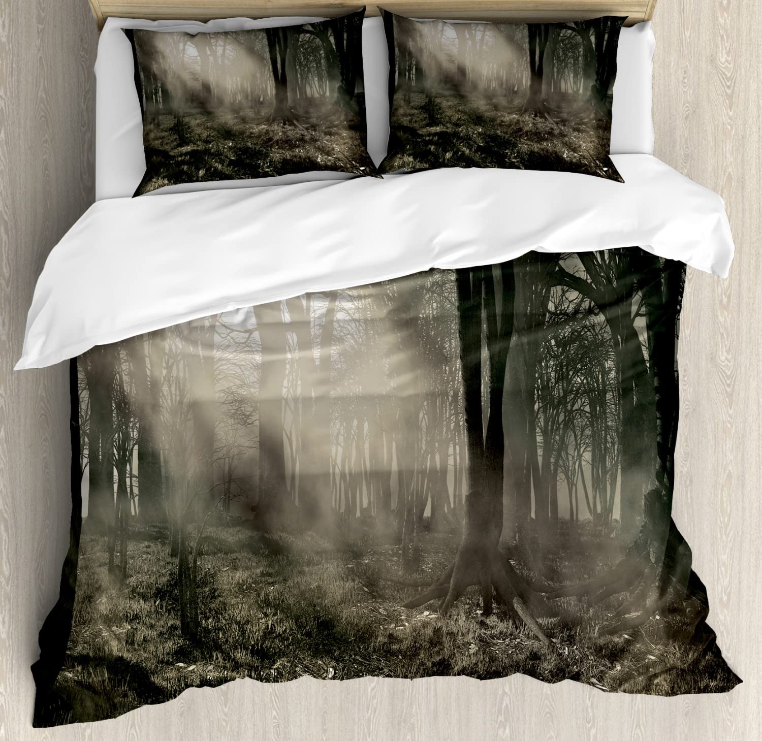 Ambesonne Gothic Duvet Cover Set - Dark Forest Scenery with Sunbeams & Fog Vintage Fantasy Art Bedding | 2 Duvet Covers & 4 Pillowcases | King Size 2-Pack in Sepia Brown | Perfect for Gothic Bedroom Decor & Fantasy Theme Rooms