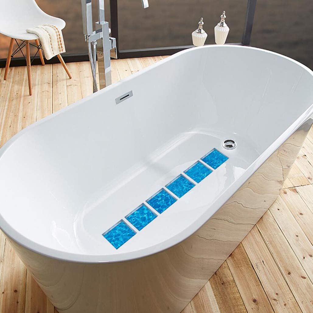 6PCS Blue Waterproof Non-Slip Bath Stickers - Self Adhesive Bathtub Decals for Tub, Pool & Shower Floor - Anti-Skid Safety Treads for Kids & Adults - Cool Summer Sea Series Design (Ideal for Bathroom, Spa & Swimming Pool Safety)