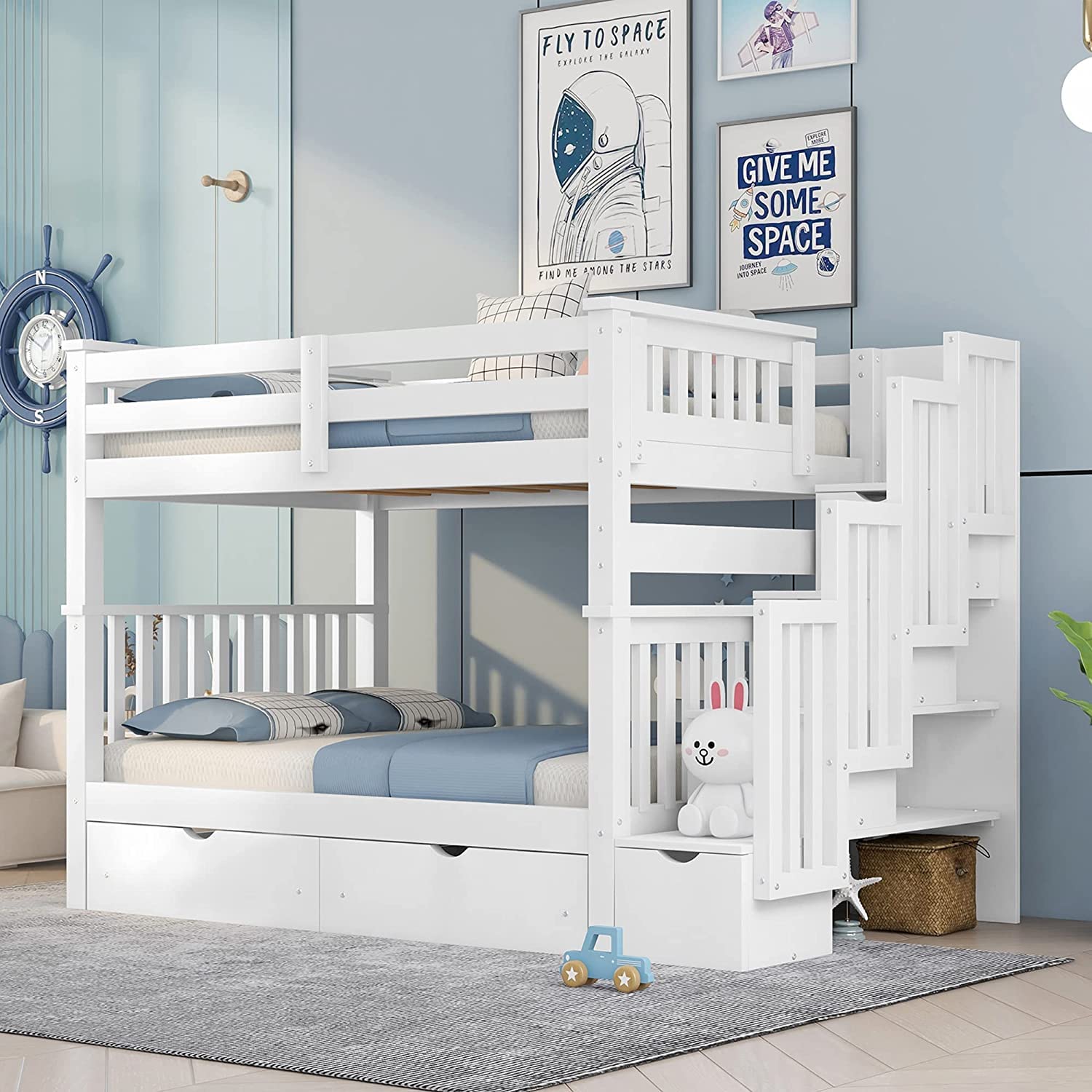 Harper & Bright Designs Full Over Full Bunk Bed with Stairs for Adults & Teens - Wooden Bunk Bed with 6 Storage Drawers & Shelves - Detachable Full Size Bunk Bed for Kids, Boys & Girls - White - Perfect for Small Bedrooms, Guest Rooms & Dormitories