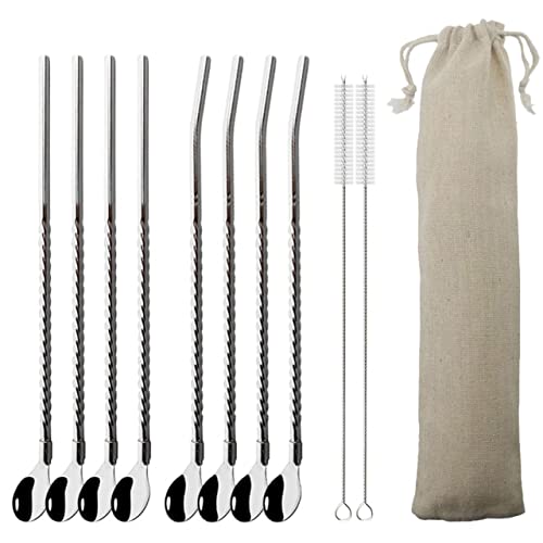 18/10 Stainless Steel Straws Set - 8Pcs Reusable Metal Drinking Straws with Case & Brush for Home, Party & Bar Use