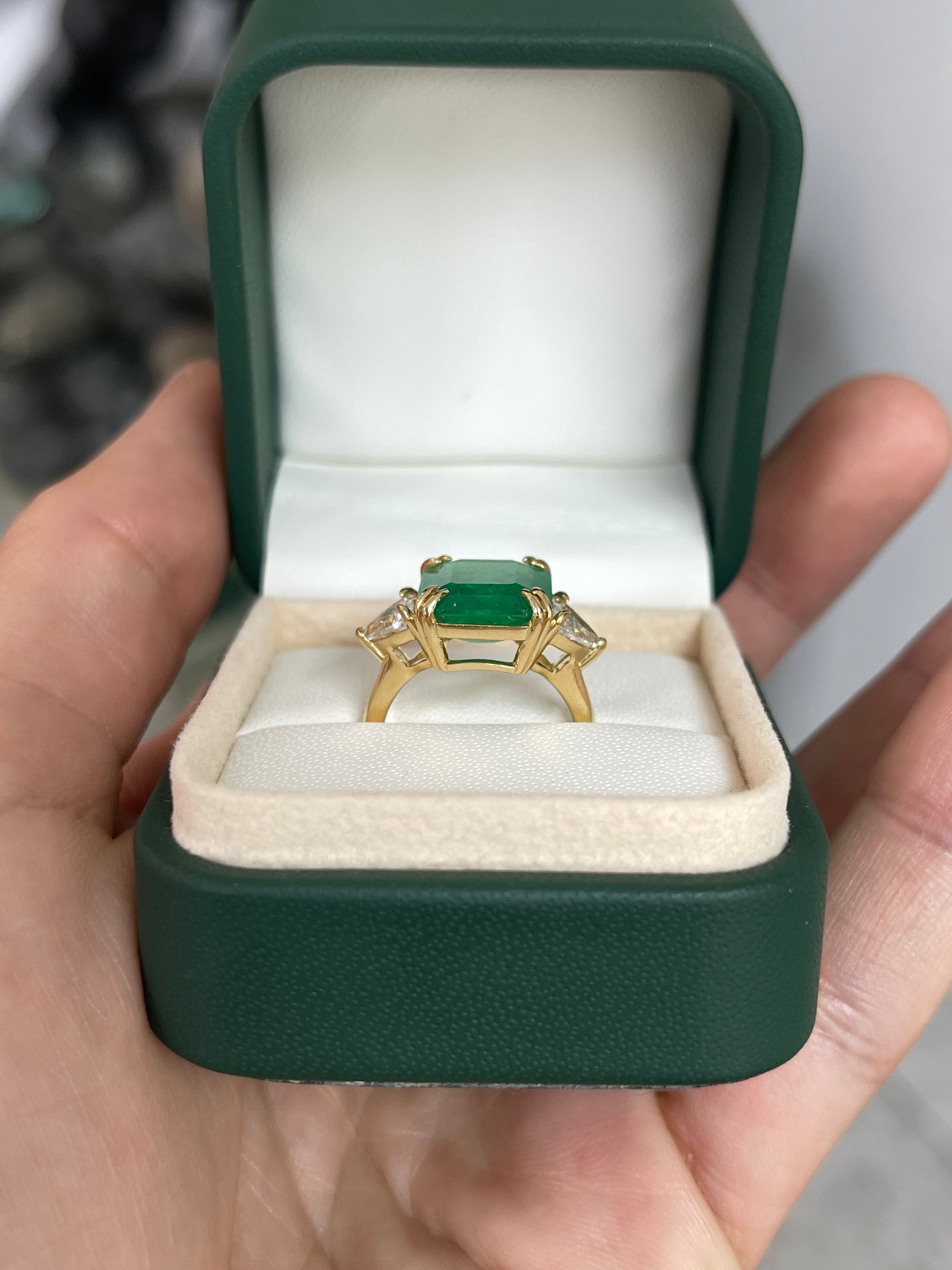 7.15tcw Muzo Colombian Emerald & Natural Trillion Diamond Three Stone 18K White Gold Ring - Elegant Jewelry for Engagement, Anniversary & Special Occasions