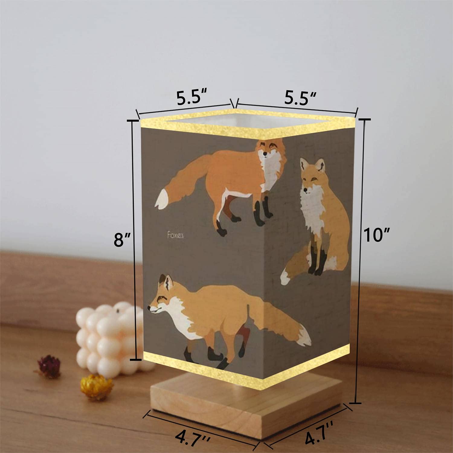 Square Bedside Table Lamp - Dimmable Nightstand Lamp with Wooden Base & Flaxen Fabric Shade, Featuring Three Fluffy Red Foxes Illustration - Perfect for Bedroom, Living Room, Nursery, or Office Decor