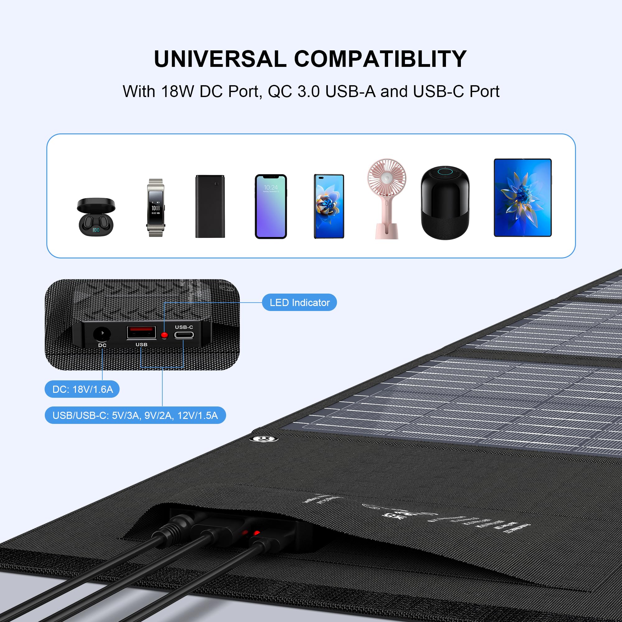 Enginstar 22W Portable Solar Panel Charger - Foldable Solar Power for Camping, RV Trips & Outdoor Adventures - QC3.0 USB & DC Output - Compatible with iPhone, iPad, Laptop, Power Stations & Solar Generators - Perfect for Emergency Power, Off-Grid Living & Travel Charging