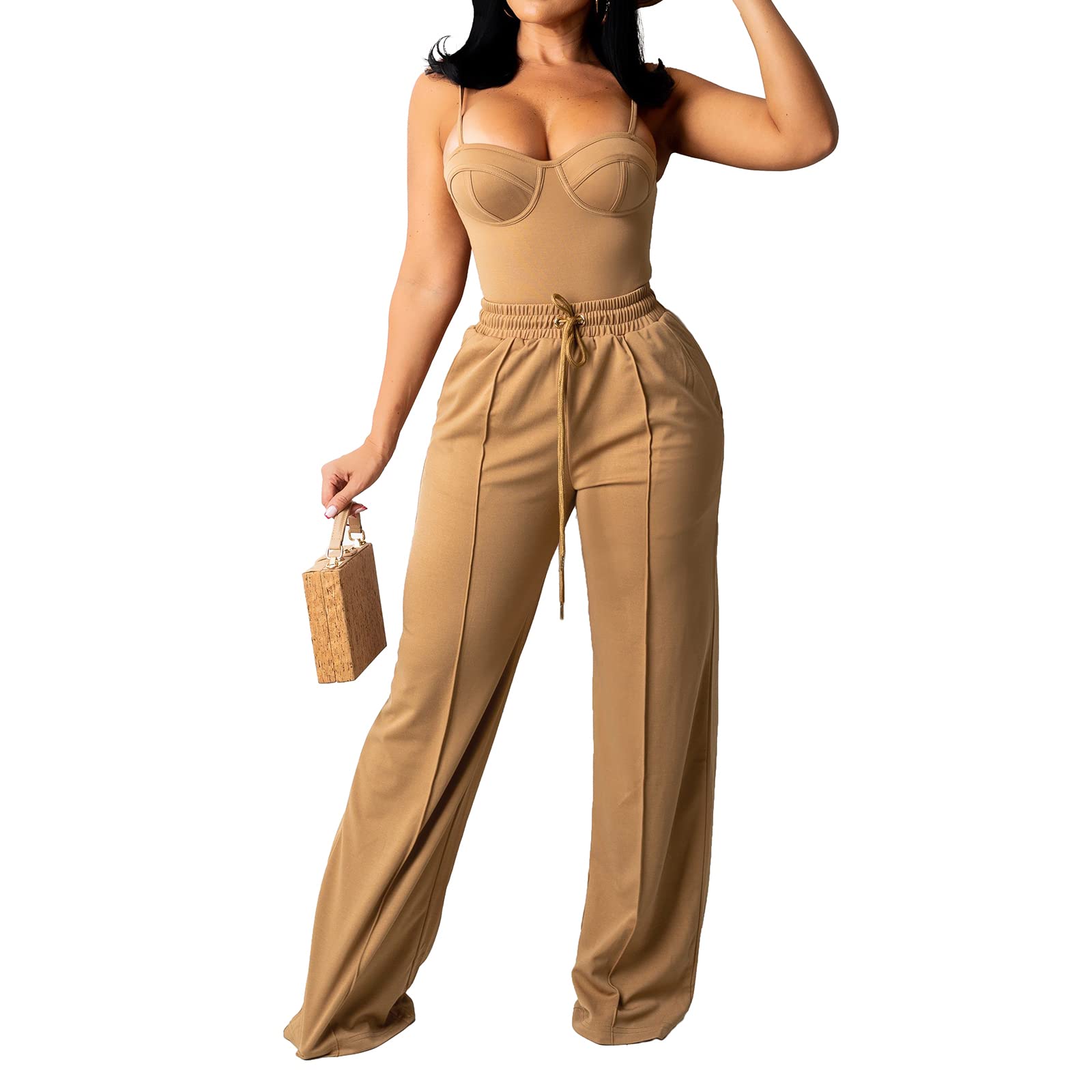 IMISSILLEB Women's Summer Casual Two Piece Outfit - Sleeveless Camisole Tank Top & Drawstring Wide Leg Long Pants Set | Beach Vacation, Streetwear, Lounge Wear