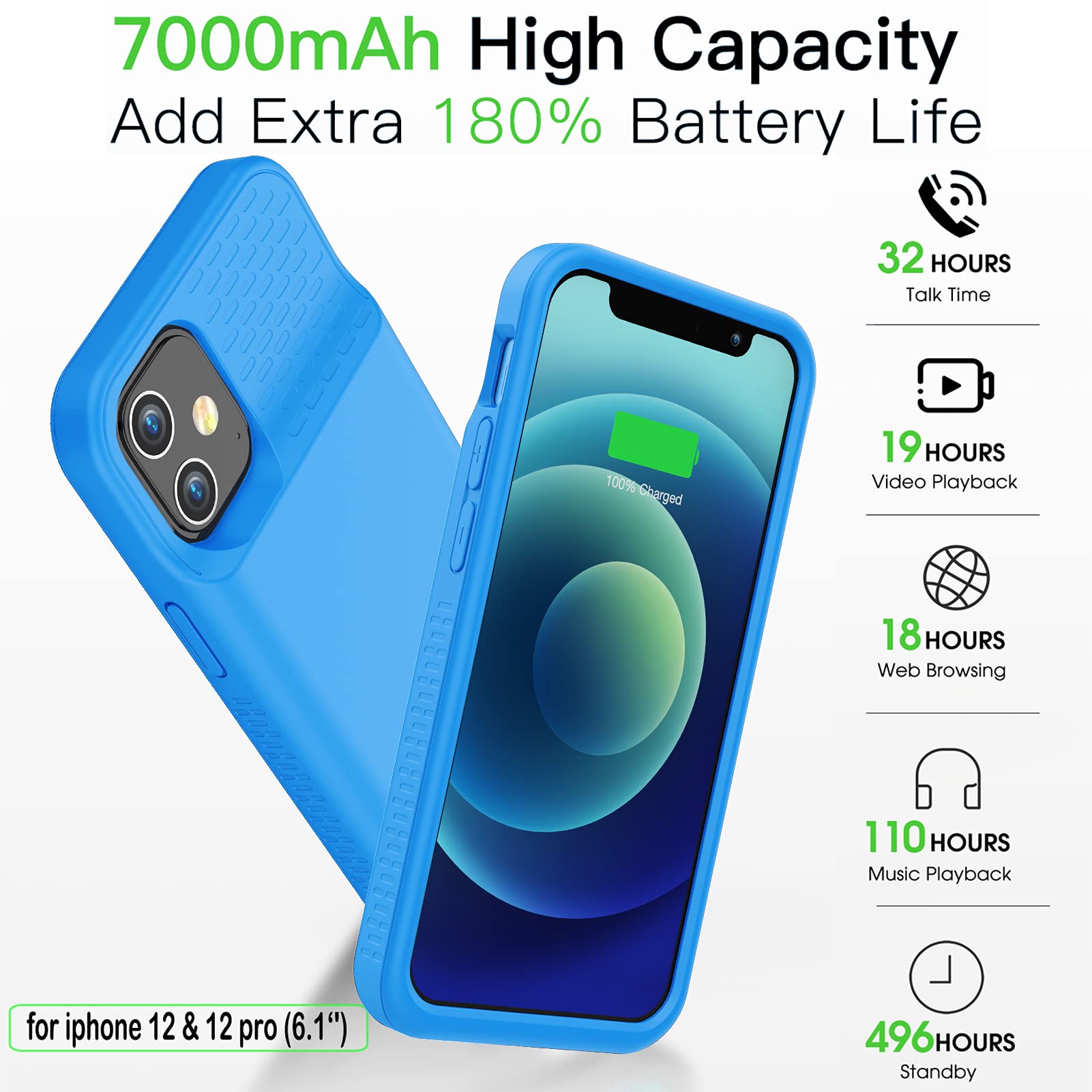 GIN FOXI 7000mAh Ultra-Slim Rechargeable Battery Case for iPhone 12/12 Pro (6.1 inch) - Anti-Fall Protection Extended Charging Cover - Blue | Perfect for Travel, Outdoor Activities & Daily Power Backup