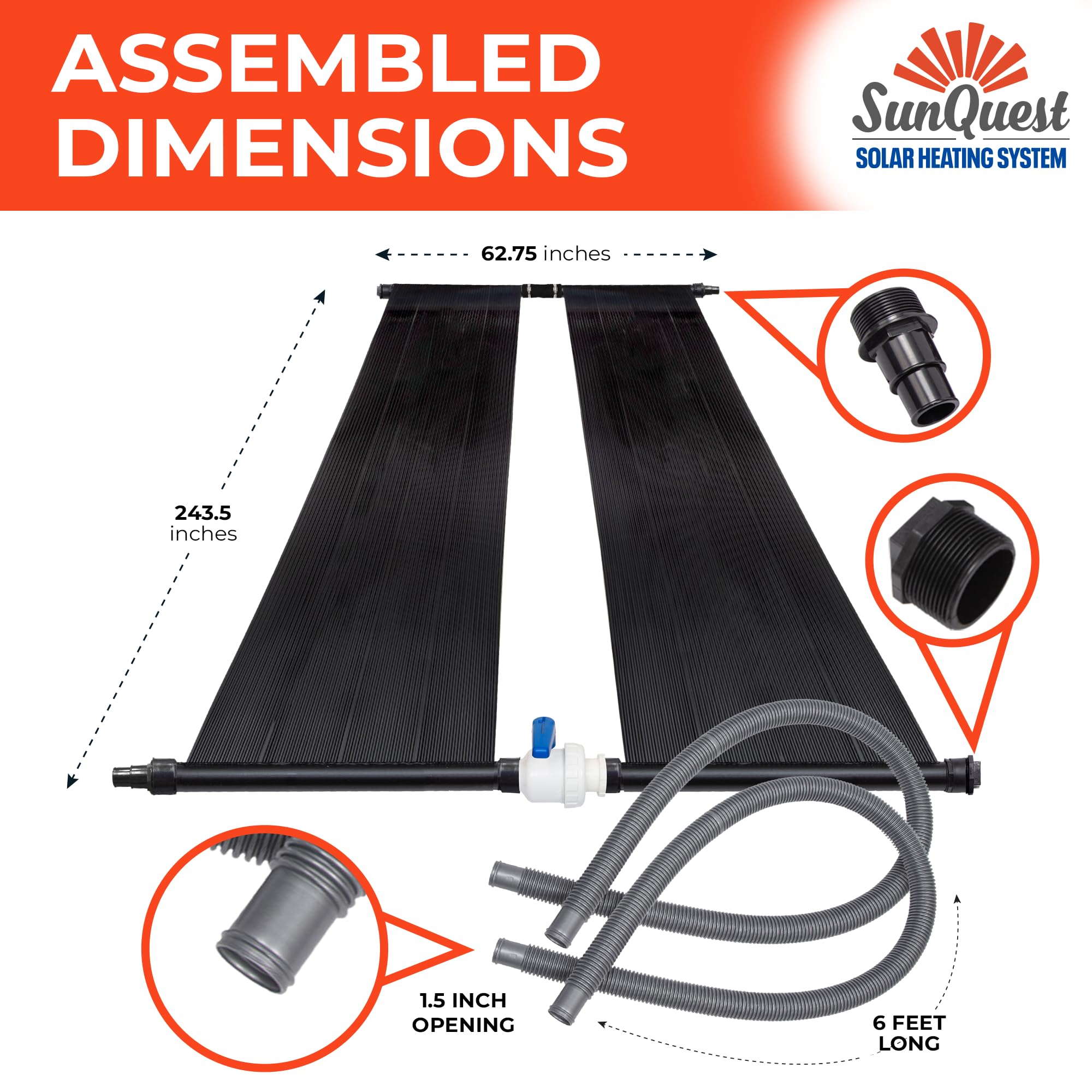 SunQuest Solar Pool Heater for Above Ground Pools - 80 sq. Ft MAX-Flow Solar Panels with Bypass Valve & Hose Adapters - Energy Efficient Swimming Pool Heating System - Perfect for Backyard, Family Gatherings & Summer Fun