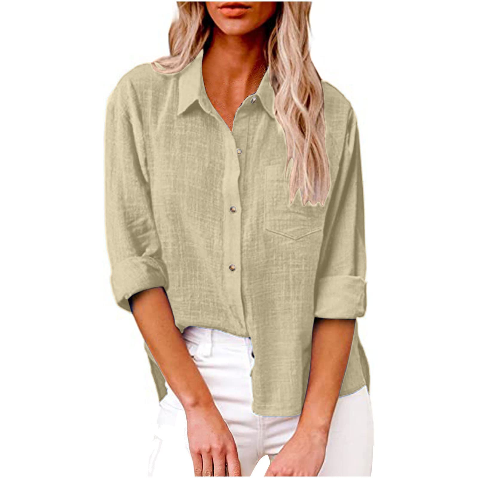 Women's Linen Long Sleeve Blouse with Button Lapel - Elegant Work & Casual Slim Fit Cotton Top for Office, Date Night and Spring Outfits