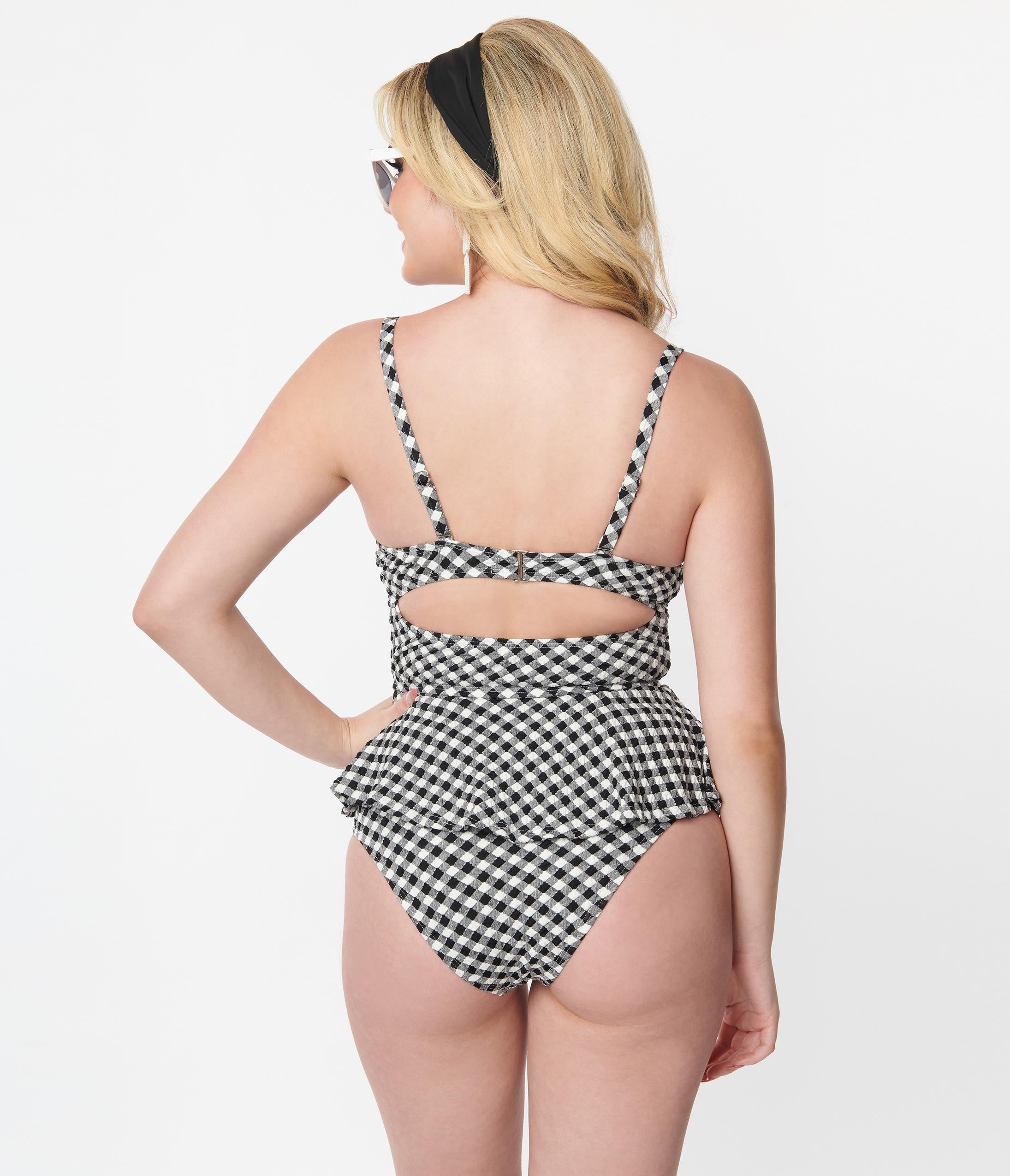 Vintage Black & White Gingham Daphne Swim Bottoms - Retro High Waisted Bikini Bottom for Women - Perfect for Beach Vacations & Pool Parties