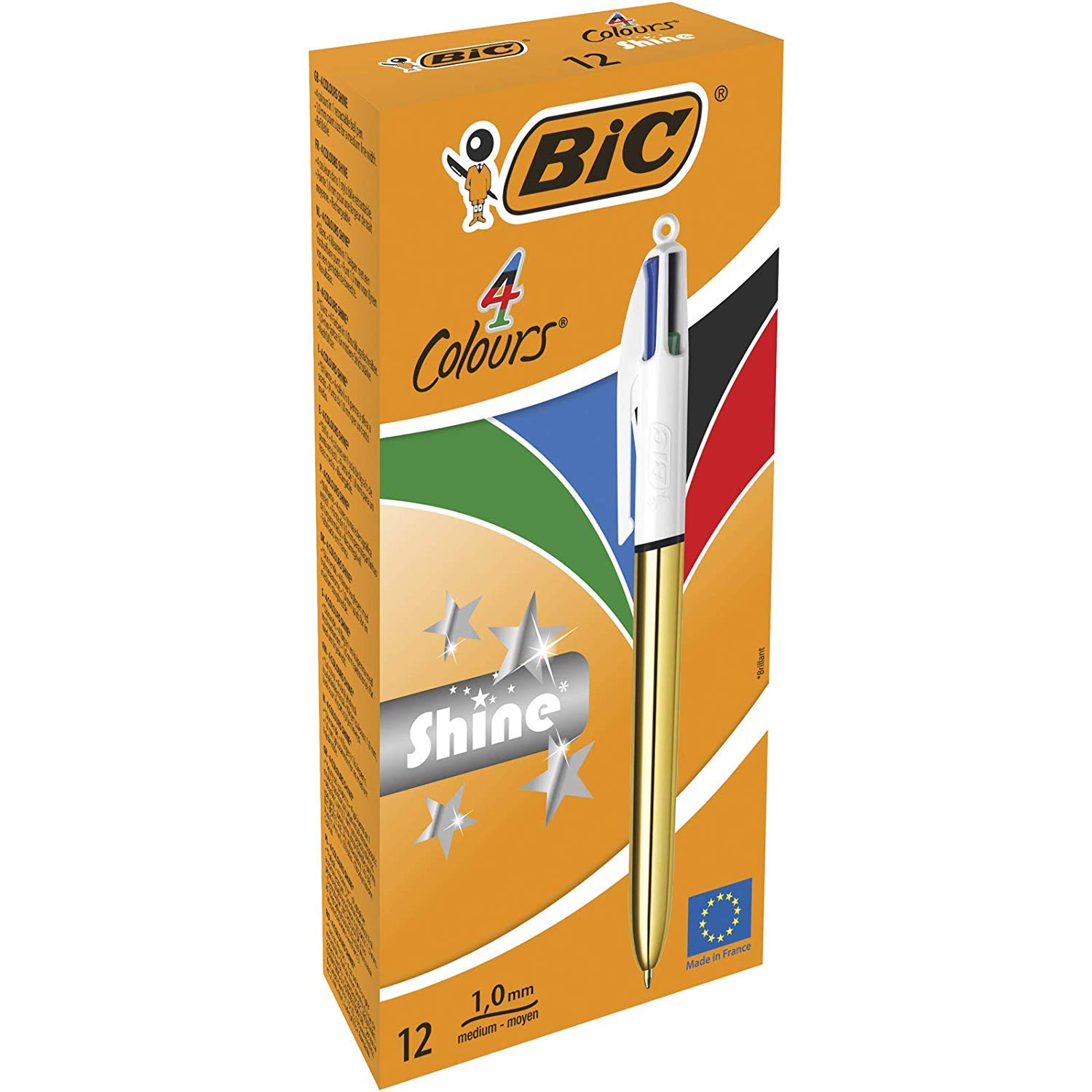 Bic 4 Color Shine Ballpoint Pens - Medium Point 1.0mm, Metallic Gold Barrel (Pack of 12) - Perfect for Office, School, Note Taking & Gift Giving