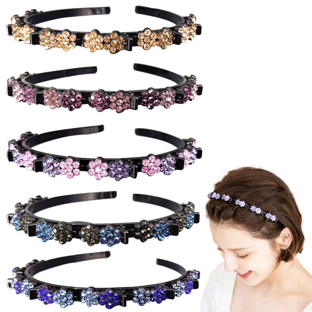 5-Piece Floral Crystal Hair Band Set for Women - Double Layer Twist Braid Headbands with Clips, Hollow Woven Hair Accessories for Women & Girls | Wedding, Party, Daily Wear