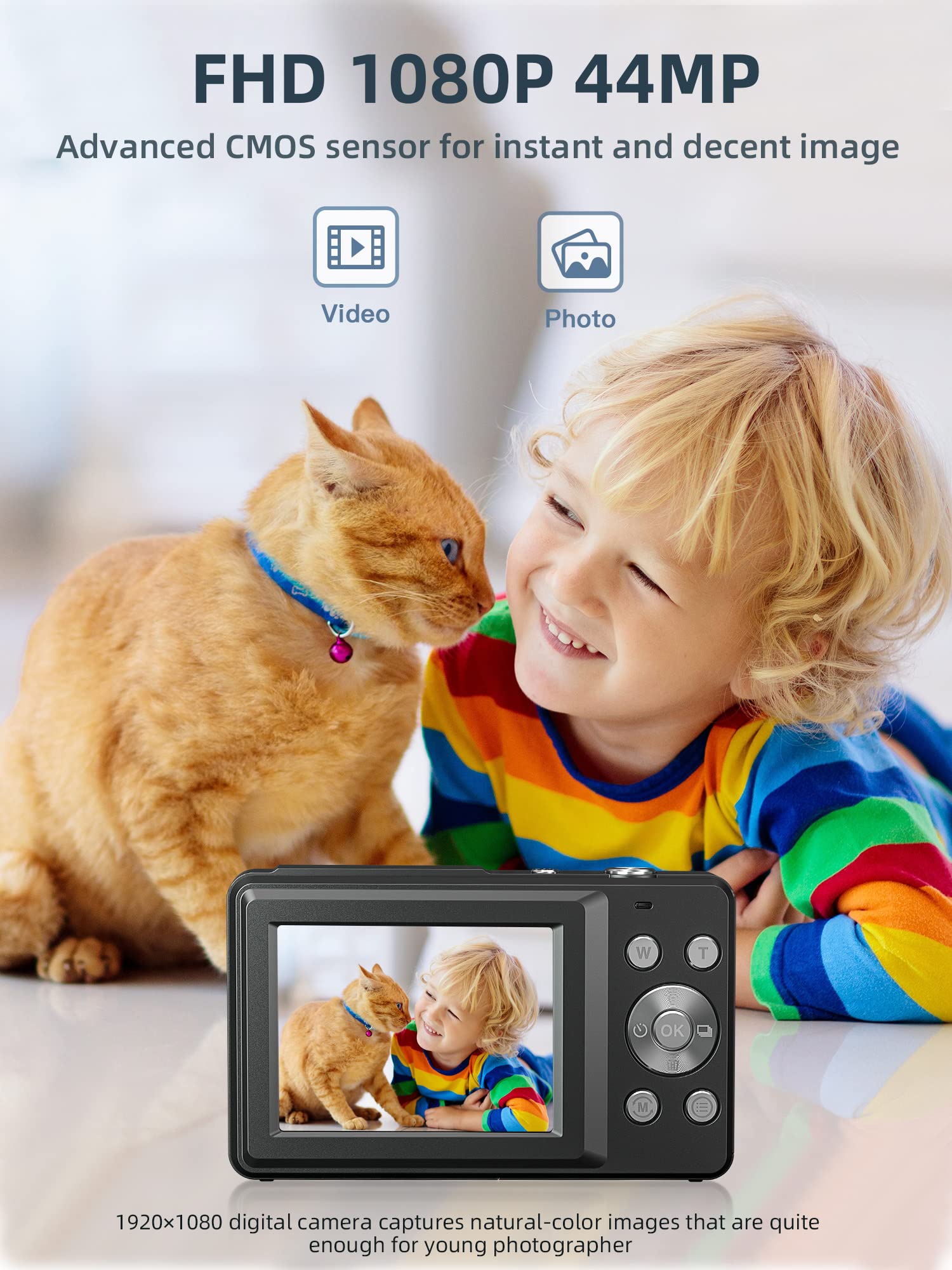 Camkory 44MP FHD 1080P Kids Digital Camera with 16X Zoom - Compact Point and Shoot Camera for Boys & Girls, Includes 32GB SD Card, 2 Batteries & Lanyard - Perfect for Birthday Gifts, Travel Photography & First-Time Photographers