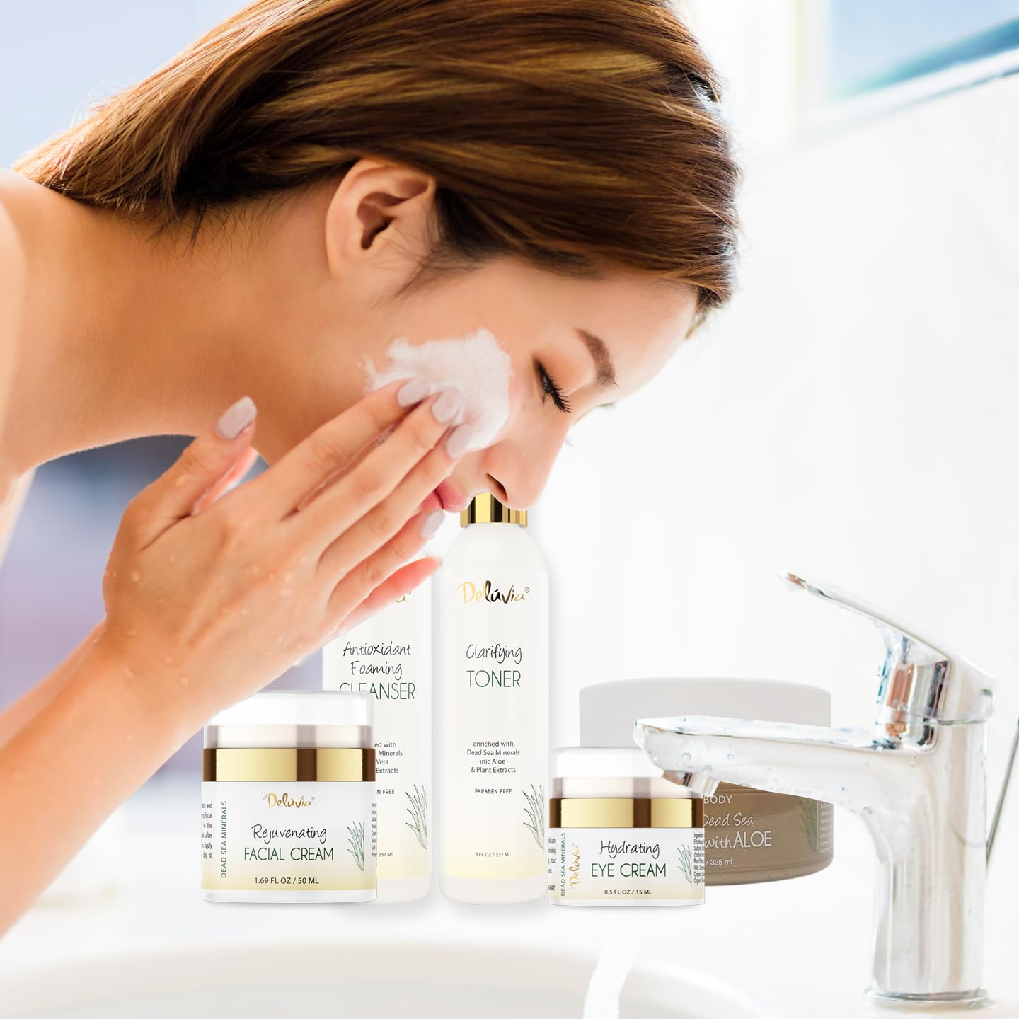 Deluvia Premium Facial Kit - Gentle Foaming Cleanser, Clarifying Toner, Hydrating Moisturizer & Eye Cream with Dead Sea Mud Mask | Complete Skincare Routine for Dry, Sensitive & Acne-Prone Skin | Perfect for Morning & Night Use
