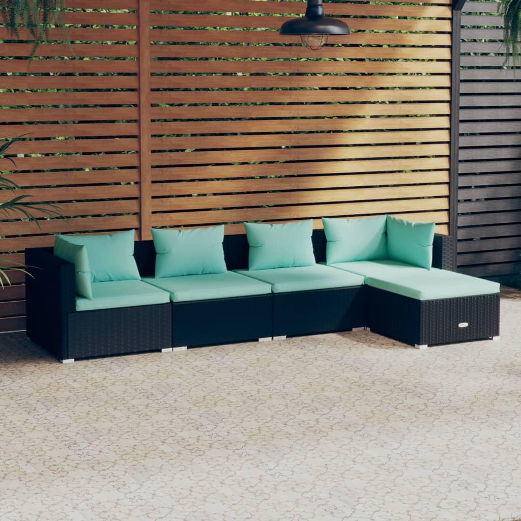 vidaXL 5-Piece Patio Lounge Set - Outdoor Garden Furniture, Black Poly Rattan Sectional Sofa with Cushions - Perfect for Backyard, Poolside & Patio Relaxation