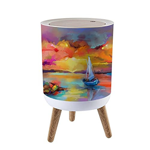 Small Trash Can with Lid - Leakproof Bathroom, Kitchen, Office & Bedroom Garbage Bin - Dog Proof Waste Basket with Decorative Oil Painting Design (Seascape/Impressionism) - Perfect for Home, Office & Diaper Disposal
