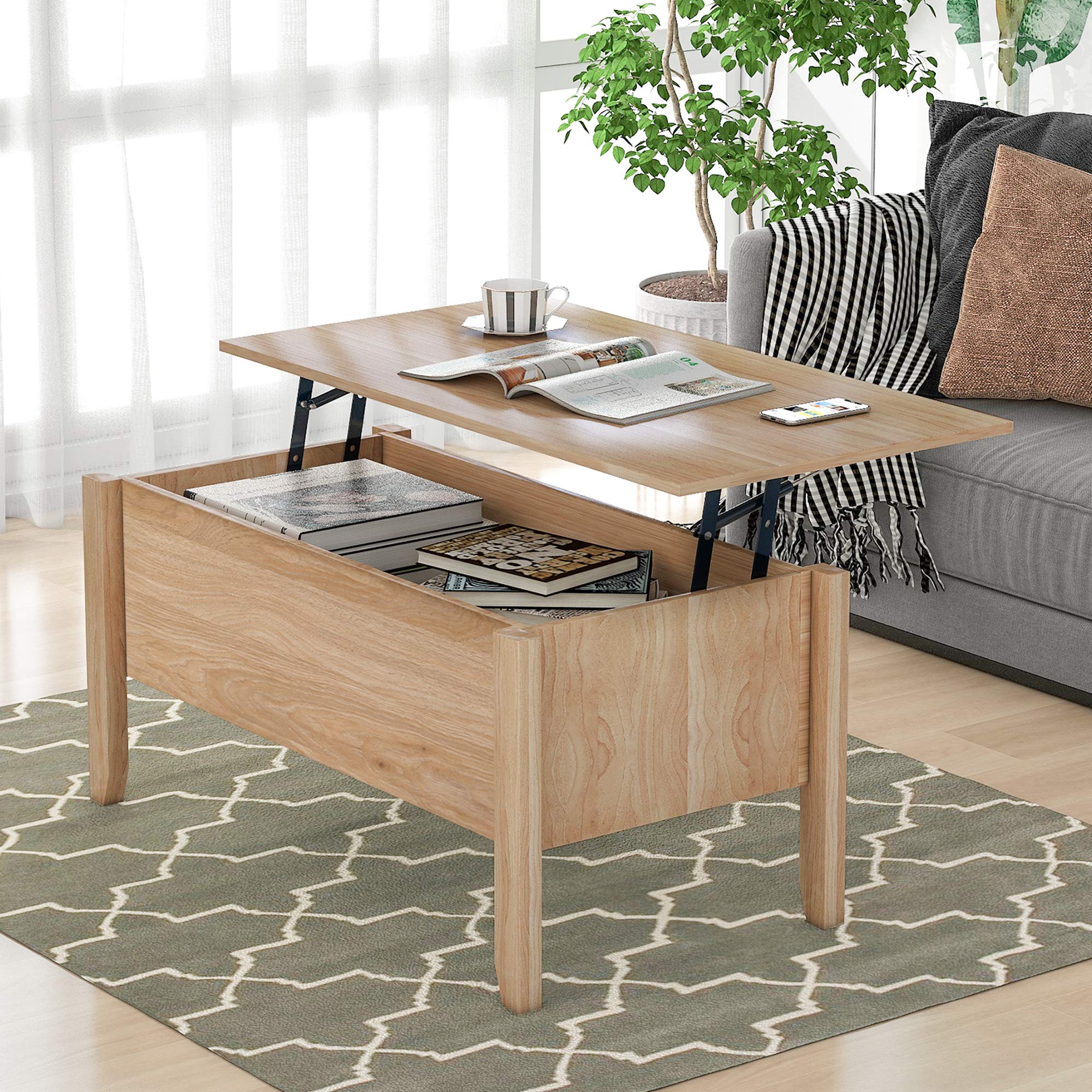 Modern Lift-Top Coffee Table with Storage - Oak Side Table, Sofa Table & Console Table for Living Room | Perfect for Small Spaces, Home Office & Apartment Decor