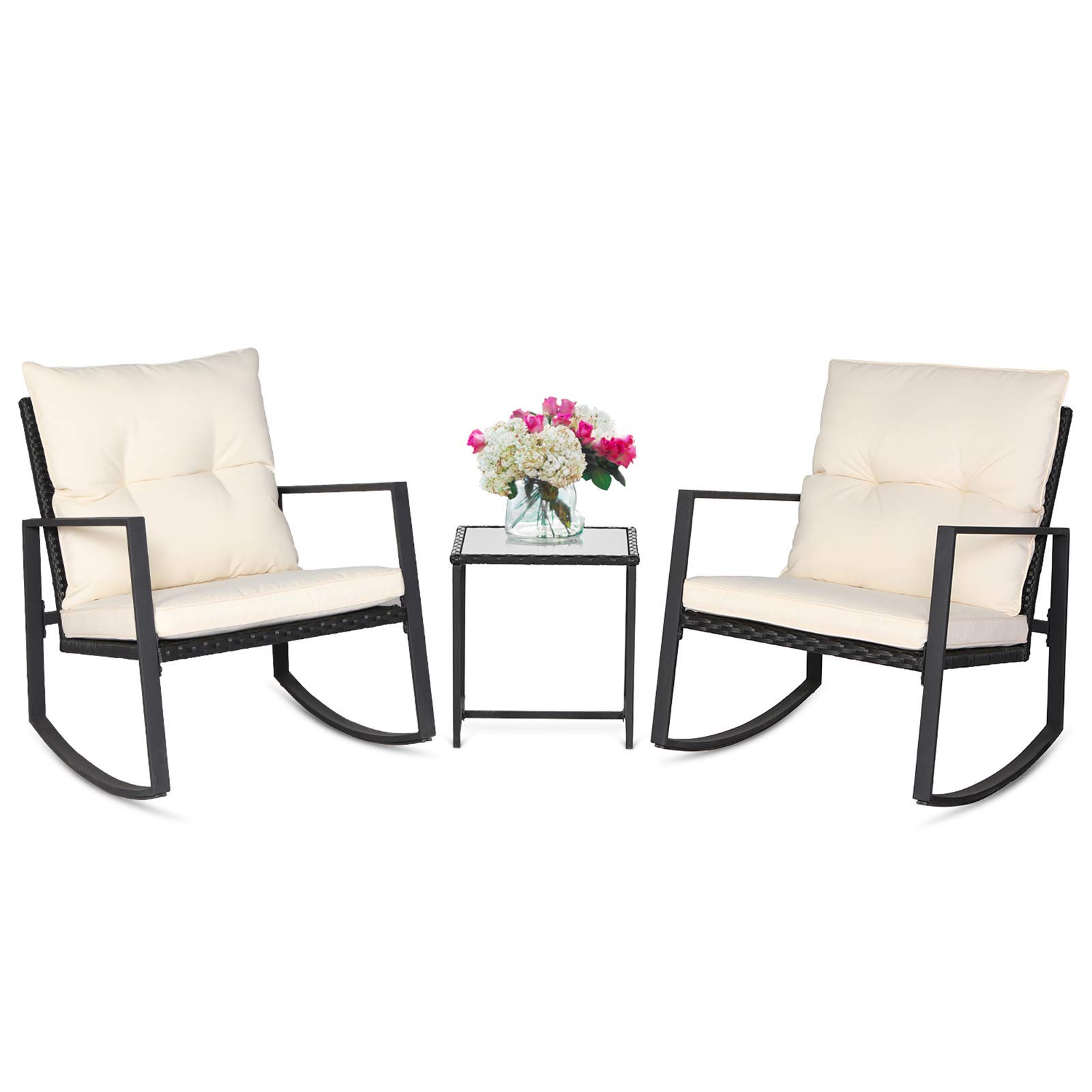 SUNCROWN 3-Piece Outdoor Rocking Bistro Set - Black Wicker Patio Furniture with Glass Coffee Table, Beige Cushions - Perfect for Porch, Garden, and Backyard Relaxation
