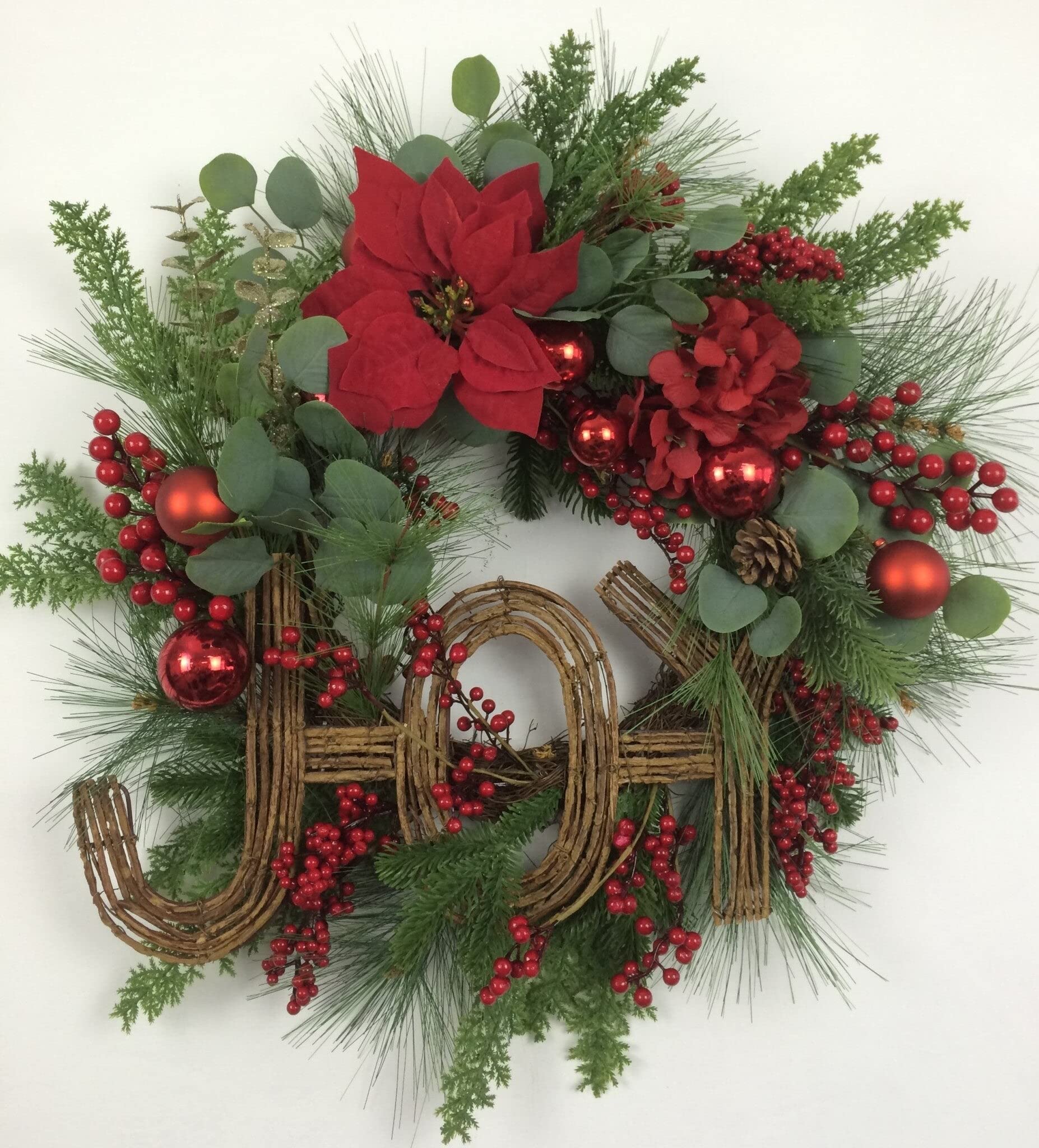 Joy On Greens Holiday Wreath with Red Balls, Berries & Poinsettia - Christmas Front Door Decor, Festive Home Decoration for Winter Season