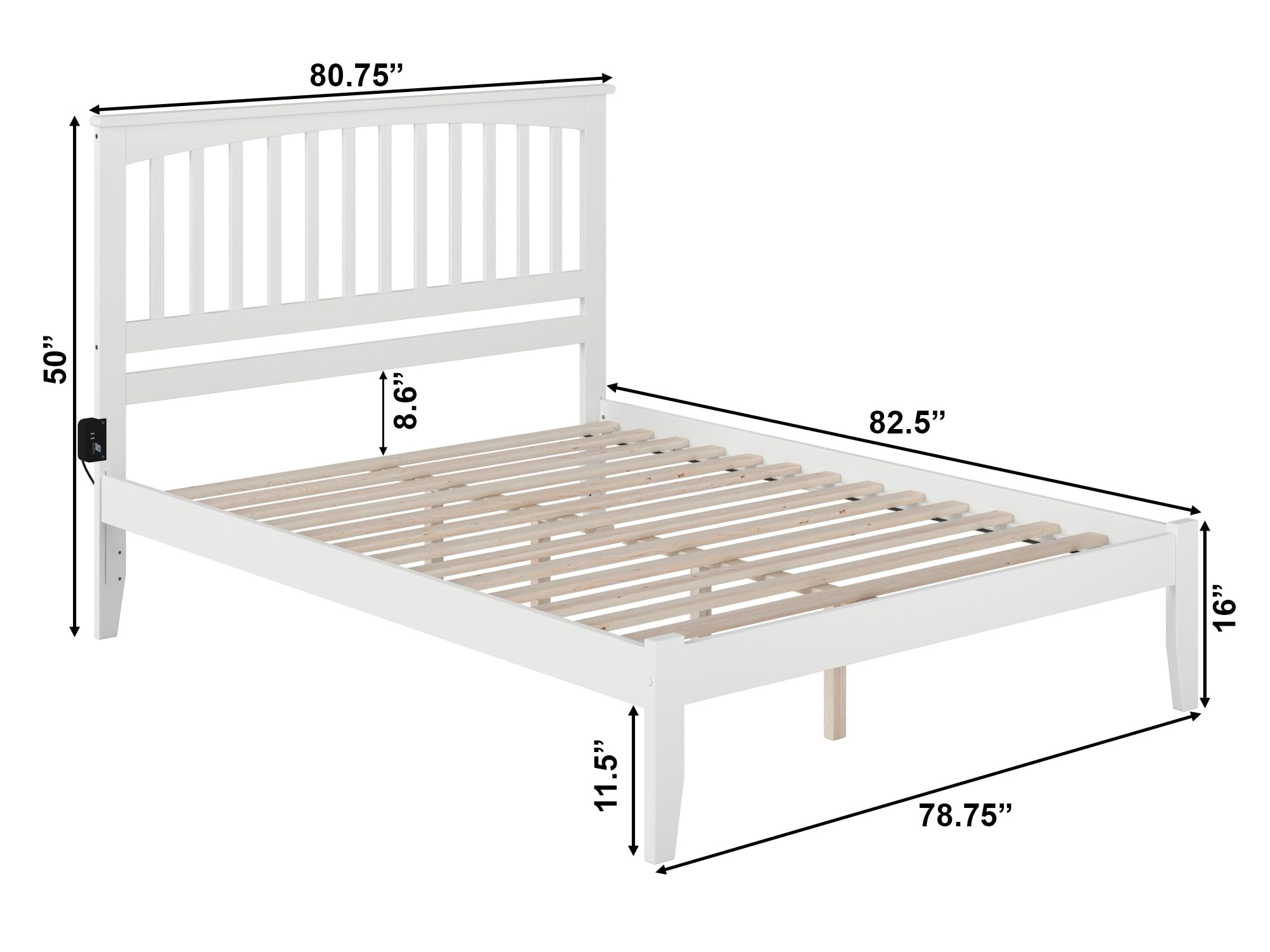 AFI Mission King Platform Bed Frame with USB Charging Ports - Modern White Wooden Bed for Bedroom, Living Room & Guest Room