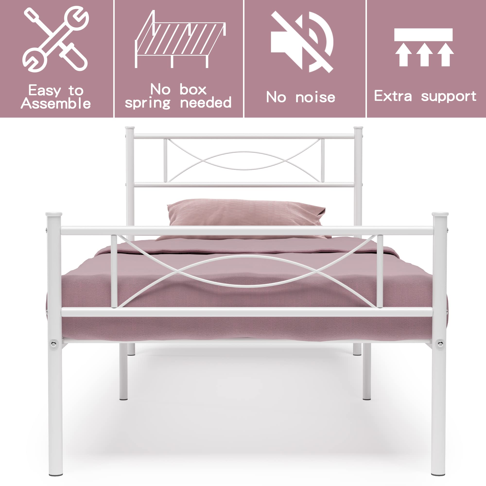 Weehom Twin Metal Bed Frame with Bow Design - Sturdy Steel Slat Mattress Foundation for Kids, Adults & Students - White - Perfect for Dorm Rooms, Guest Beds & Small Spaces