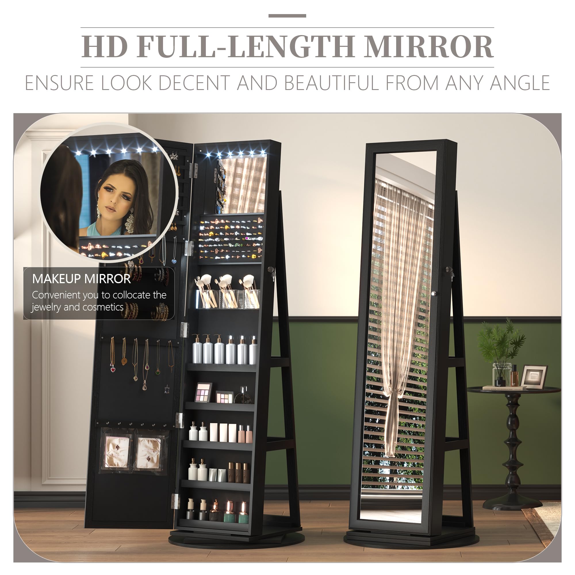 360° Swivel LED Jewelry Cabinet with Full Length Mirror - Jewelry Organizer & Storage Armoire, Farmhouse Style Lighted Vanity Mirror for Bedroom & Dressing Room (Coal Black) | Perfect for Jewelry Display, Makeup & Outfit Coordination