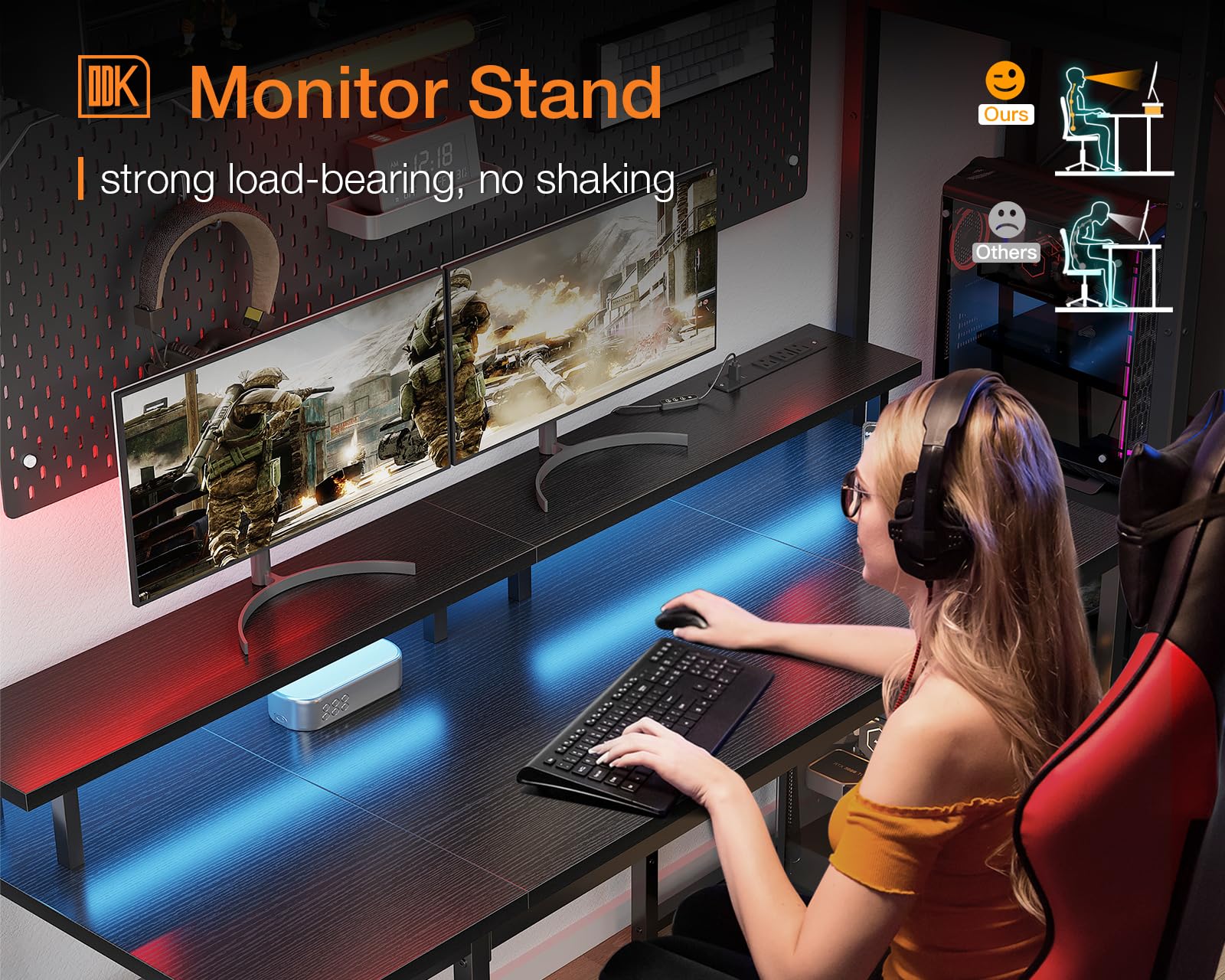 ODK 55 Inch LED Gaming Desk with Power Outlets & Monitor Stand - Ergonomic Computer Desk with Storage Shelves & CPU Stand - Perfect for Home Office, Streaming & Esports Setup - Black