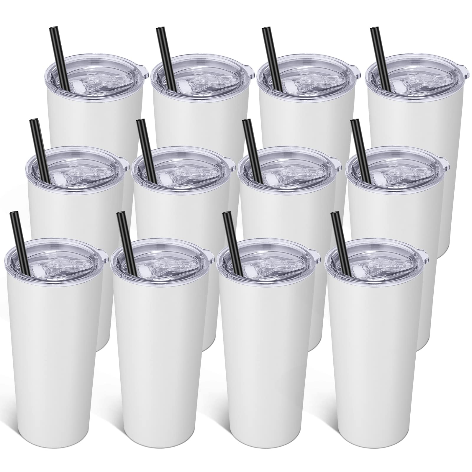 VEGOND 20oz Stainless Steel Vacuum Insulated Tumbler with Lid and Straw - 12 Pack Double Wall Travel Mug for Coffee, Tea & Cold Drinks - Perfect for Office, Gym, Camping & Outdoor Activities (White)