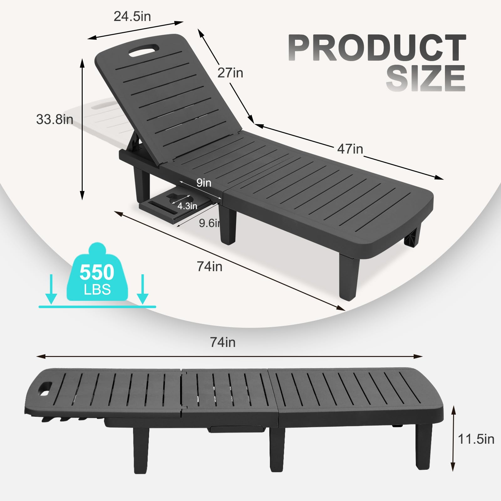 **Waterproof Resin Chaise Lounge Outdoor - Adjustable 5-Position Recliner Chair for Patio, Poolside, Beach & Yard - All-Weather Durable Black Lounge Chair (1PCS) - Perfect for Sunbathing, Relaxing & Outdoor Lounging**