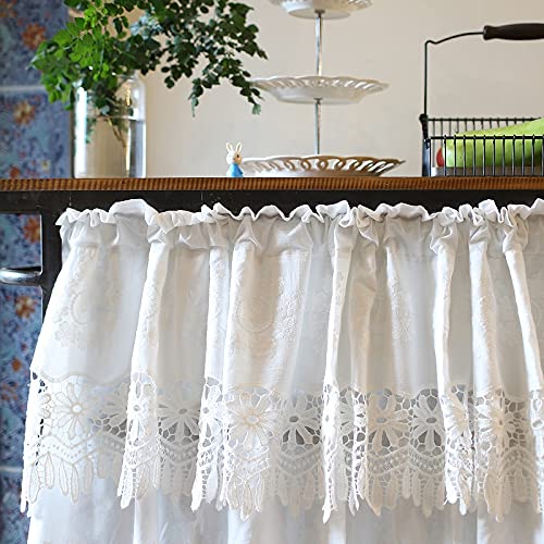White Cotton Cafe Curtains for Kitchen - Short Valance with Hollow Lace Design, European Style Window Treatment (50x85 cm/20x33 in) - Perfect for Small Windows, Coffee Shops & Cozy Home Decor