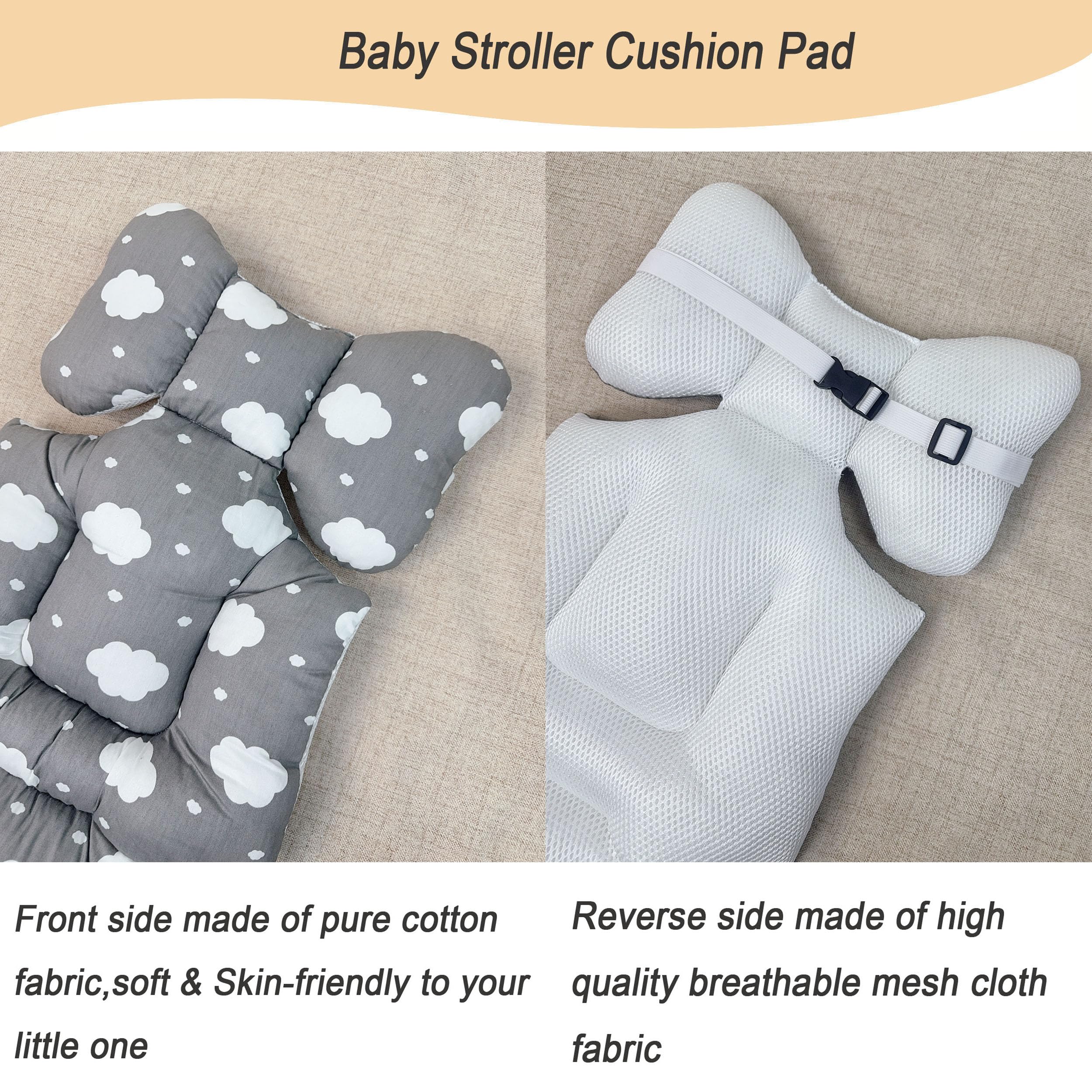 Soft & Breathable Universal Baby Stroller Seat Cushion - Cotton Mattress Pad & Car Seat Insert Liner for Boys & Girls - Fits Bassinet, Pram, Carriage - Includes Neck & Head Support - Grey Cloud - Perfect for Travel, Shopping & Daily Outings