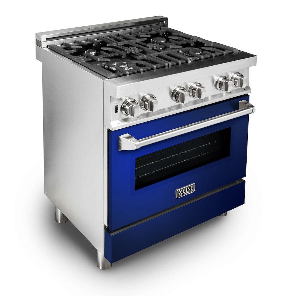 ZLINE 30 Inch Stainless Steel Dual Fuel Range with Blue Gloss Door & Convertible Vent Hood - Professional Kitchen Package (2KP RABGRH30) | Perfect for Home Chefs & Modern Kitchens