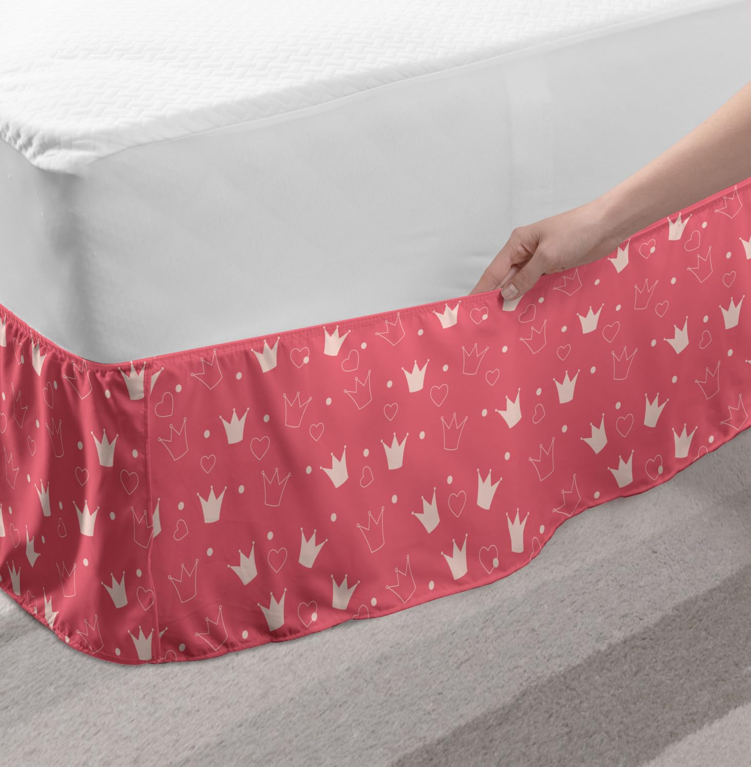 Ambesonne Cartoon Bed Skirt - Pastel Crowns, Dots & Hearts Pattern Elastic Dust Ruffle Wrap for Full Size Beds | Soft Champagne Pink Bedding Decor | Perfect for Kids Rooms, Nursery Decor & Guest Bedrooms